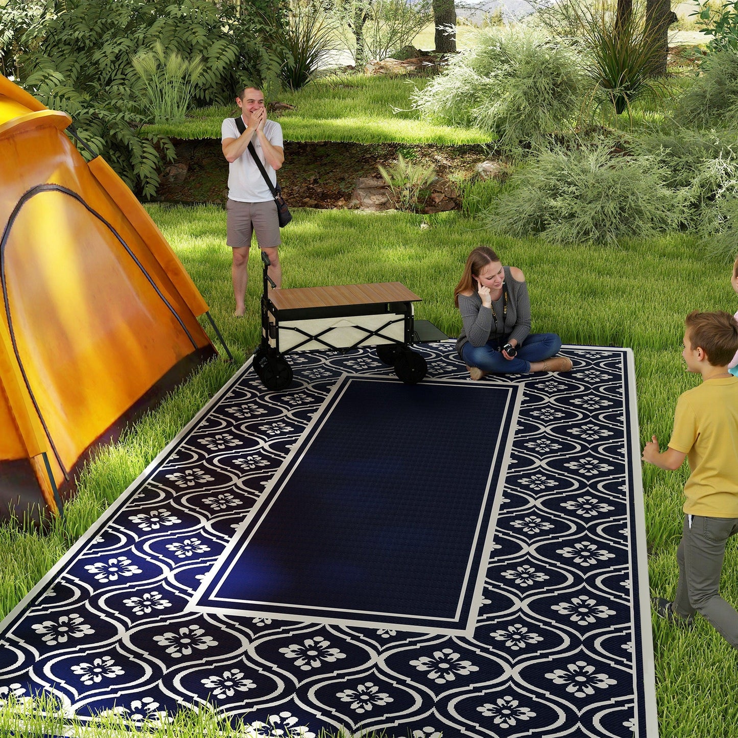 Reversible Outdoor RV Rug with Carry Bag, 9' x 18' Patio Floor Mat, Plastic Straw Rug for Backyard, Deck, Picnic, Beach, Camping, Gourd Border, Blue and White