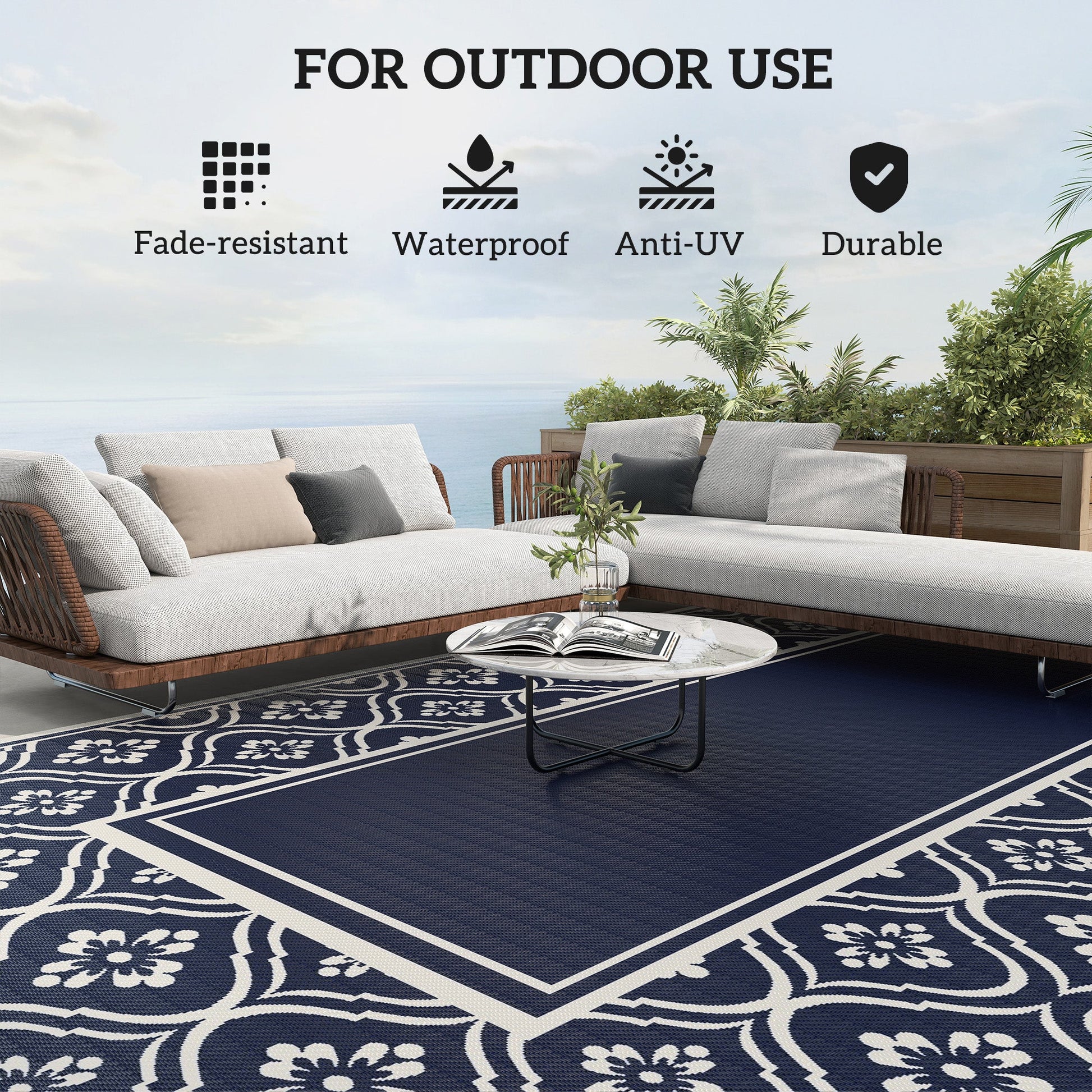 Reversible Outdoor RV Rug with Carry Bag, 9' x 18' Patio Floor Mat, Plastic Straw Rug for Backyard, Deck, Picnic, Beach, Camping, Gourd Border, Blue and White