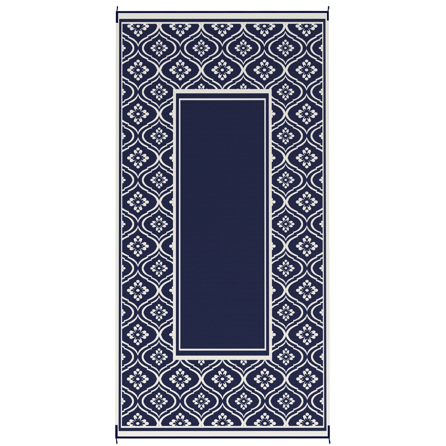 Reversible Outdoor RV Rug with Carry Bag, 9' x 18' Patio Floor Mat, Plastic Straw Rug for Backyard, Deck, Picnic, Beach, Camping, Gourd Border, Blue and White