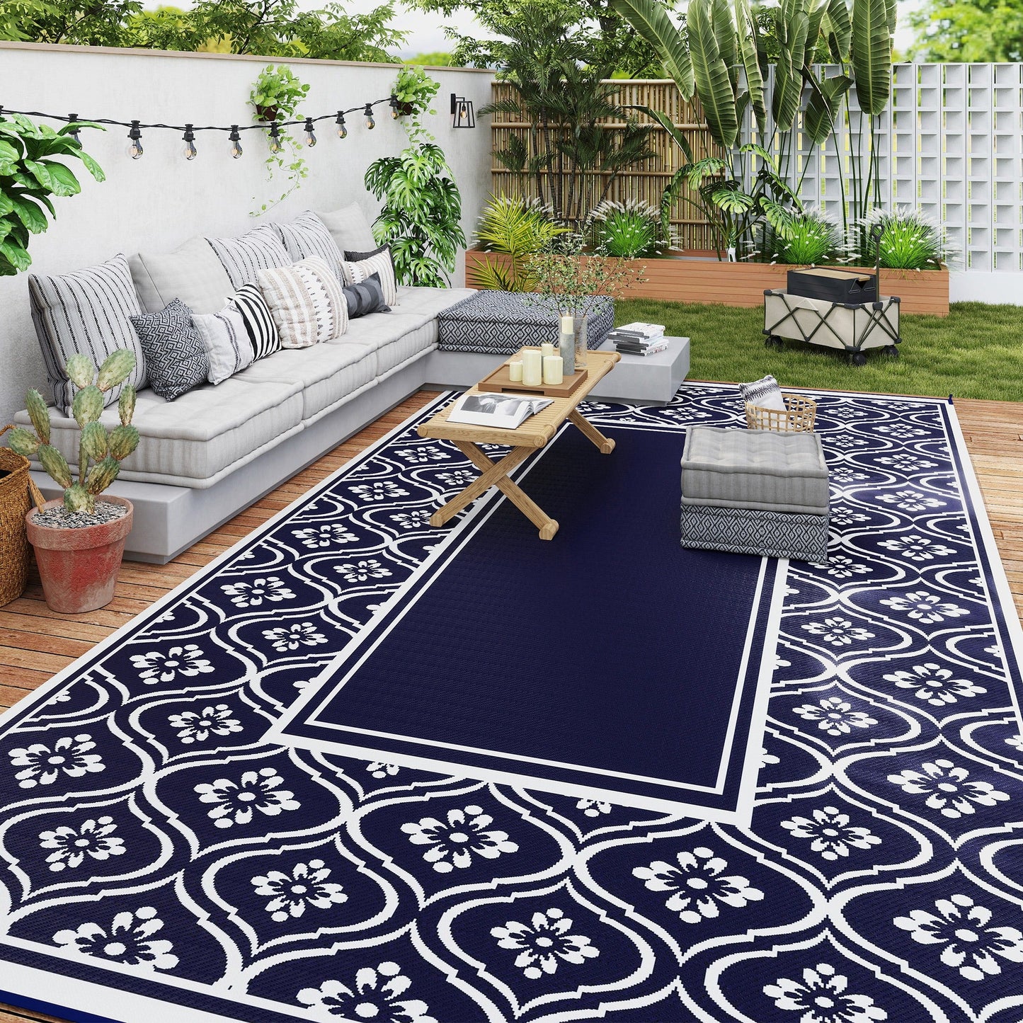 Reversible Outdoor RV Rug with Carry Bag, 9' x 18' Patio Floor Mat, Plastic Straw Rug for Backyard, Deck, Picnic, Beach, Camping, Gourd Border, Blue and White
