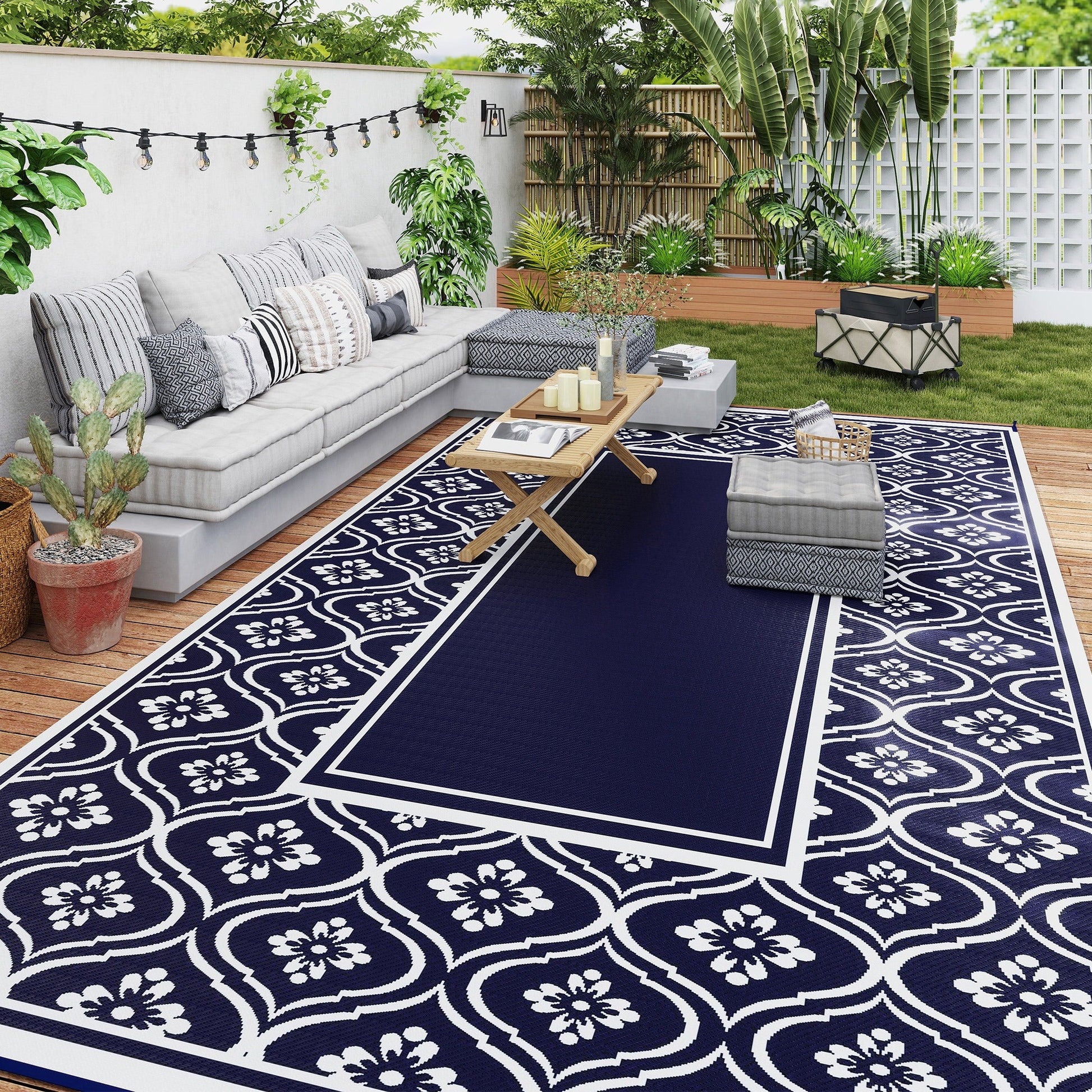 Reversible Outdoor RV Rug with Carry Bag, 9' x 18' Patio Floor Mat, Plastic Straw Rug for Backyard, Deck, Picnic, Beach, Camping, Gourd Border, Blue and White