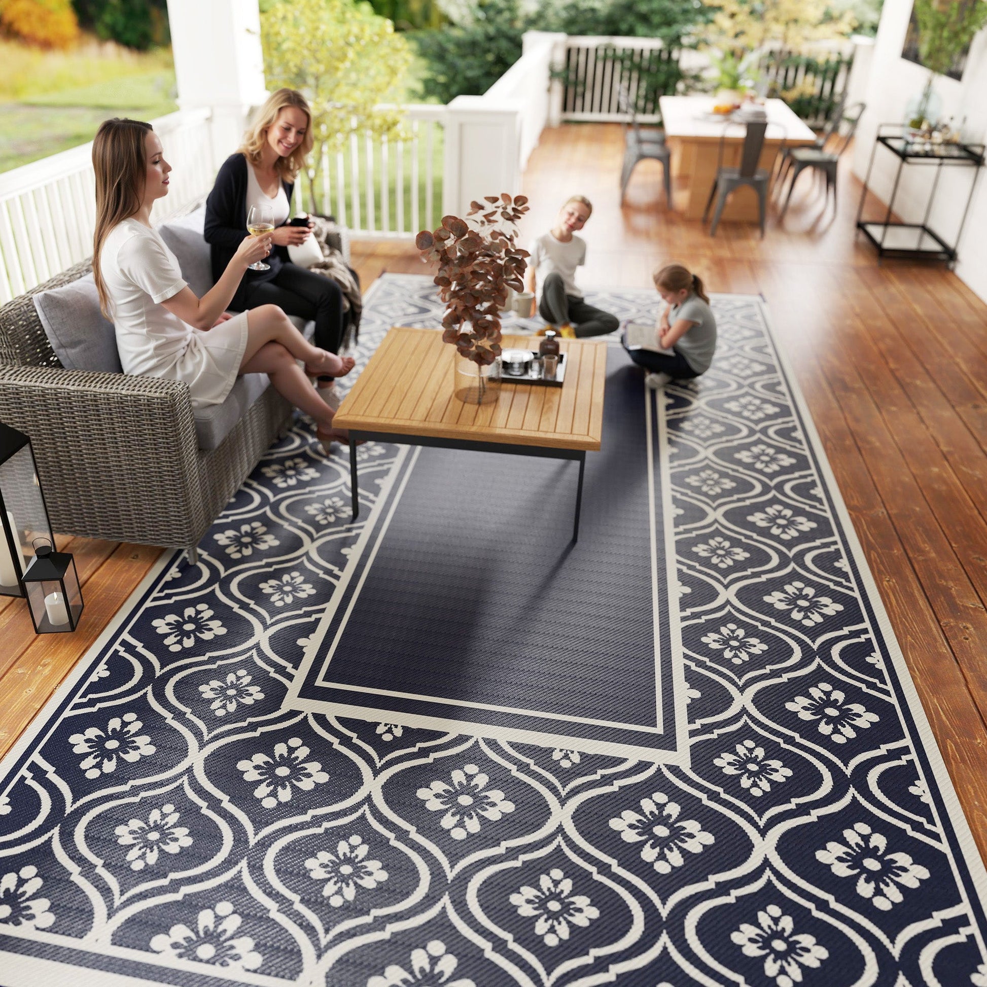 Reversible Outdoor RV Rug with Carry Bag, 9' x 18' Patio Floor Mat, Plastic Straw Rug for Backyard, Deck, Picnic, Beach, Camping, Gourd Border, Blue and White