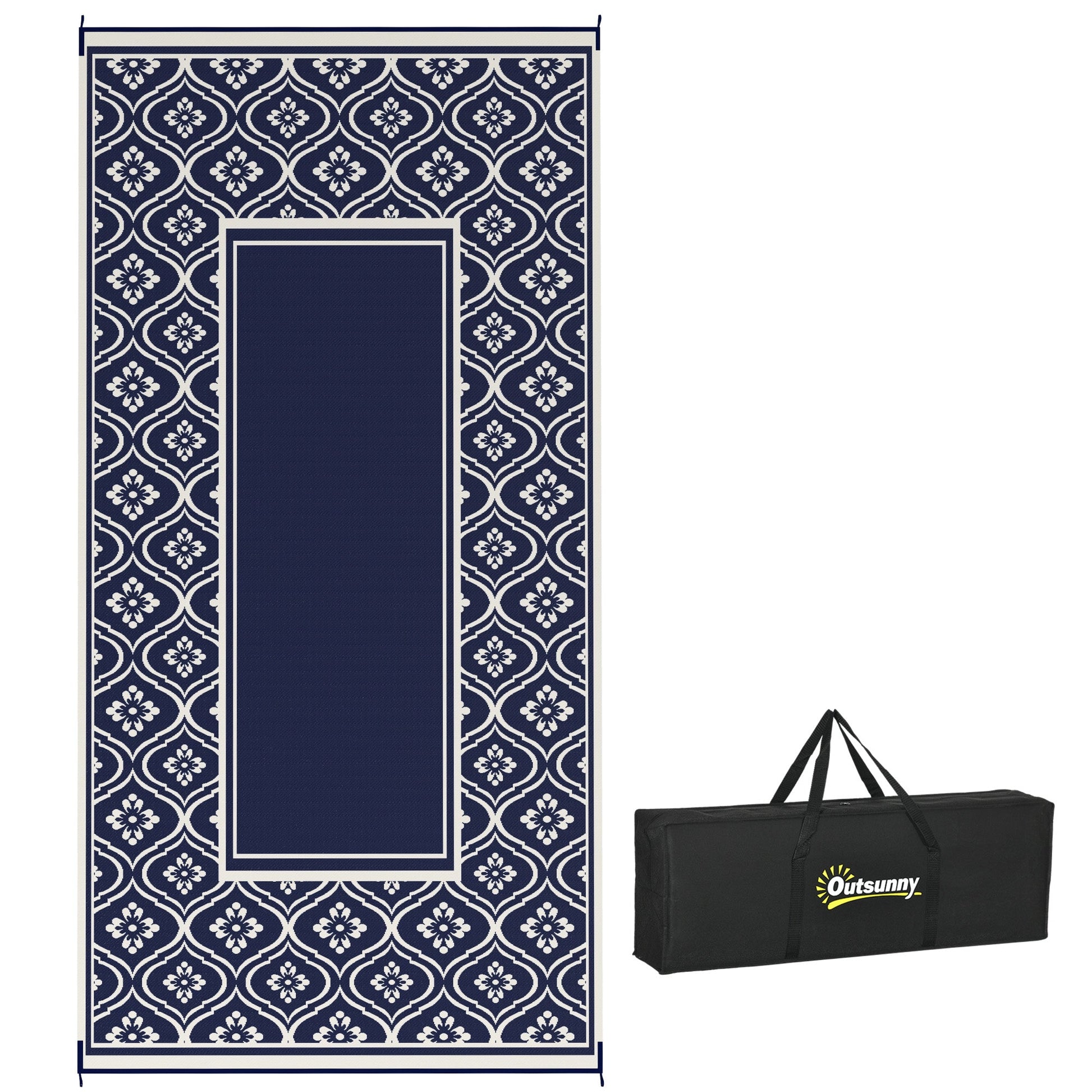 Reversible Outdoor RV Rug with Carry Bag, 9' x 18' Patio Floor Mat, Plastic Straw Rug for Backyard, Deck, Picnic, Beach, Camping, Gourd Border, Blue and White
