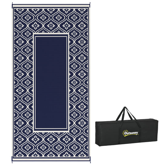 Reversible Outdoor RV Rug with Carry Bag, 9' x 18' Patio Floor Mat, Plastic Straw Rug for Backyard, Deck, Picnic, Beach, Camping, Gourd Border, Blue and White