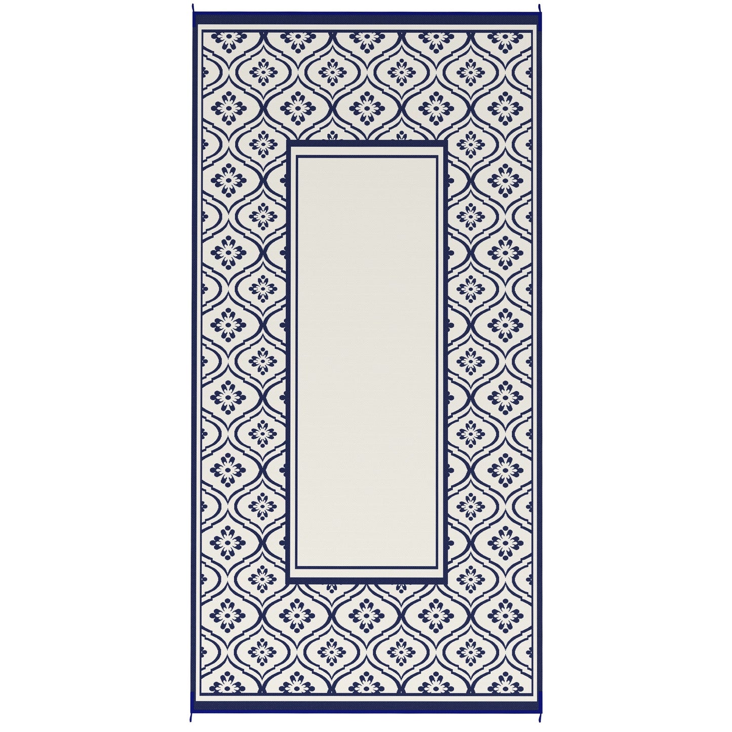 Reversible Outdoor RV Rug with Carry Bag, 9' x 18' Patio Floor Mat, Plastic Straw Rug for Backyard, Deck, Picnic, Beach, Camping, Gourd Border, Blue and White