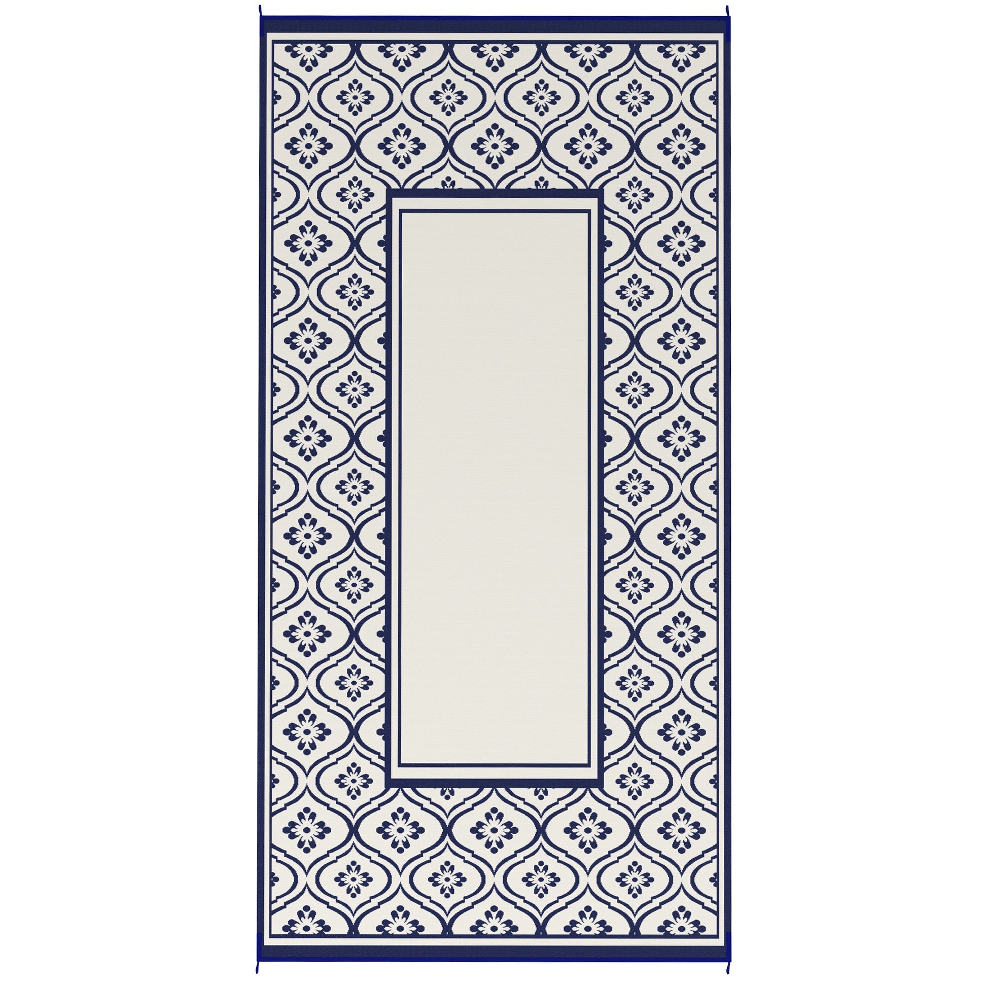 Reversible Outdoor RV Rug with Carry Bag, 9' x 18' Patio Floor Mat, Plastic Straw Rug for Backyard, Deck, Picnic, Beach, Camping, Gourd Border, Blue and White