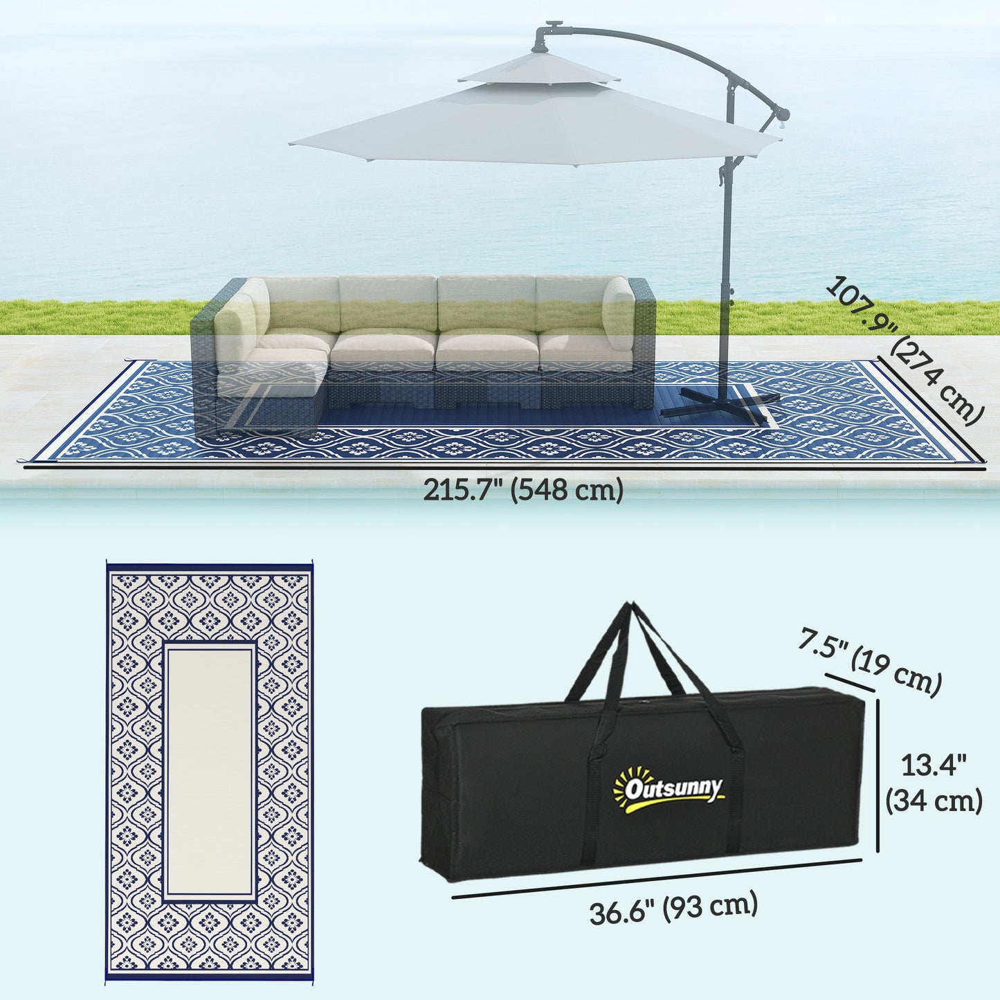 Reversible Outdoor RV Rug with Carry Bag, 9' x 18' Patio Floor Mat, Plastic Straw Rug for Backyard, Deck, Picnic, Beach, Camping, Gourd Border, Blue and White