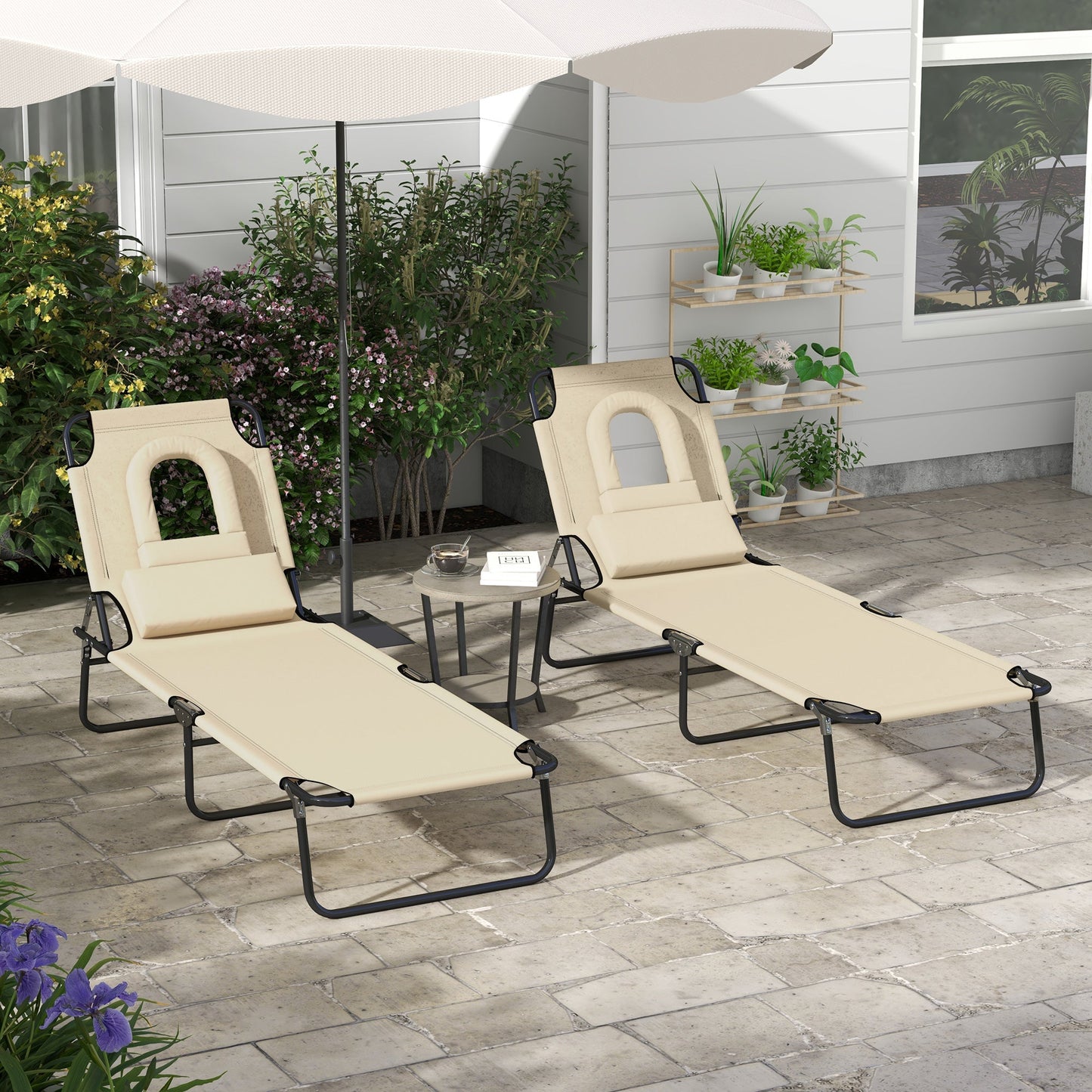 2PCS Adjustable Outdoor Lounge Chair, Garden Folding Chaise Lounge with Face Hole Reclining Tanning Chair Seat, Folding Camping Beach Lounging Bed w/ Head Support, Beige