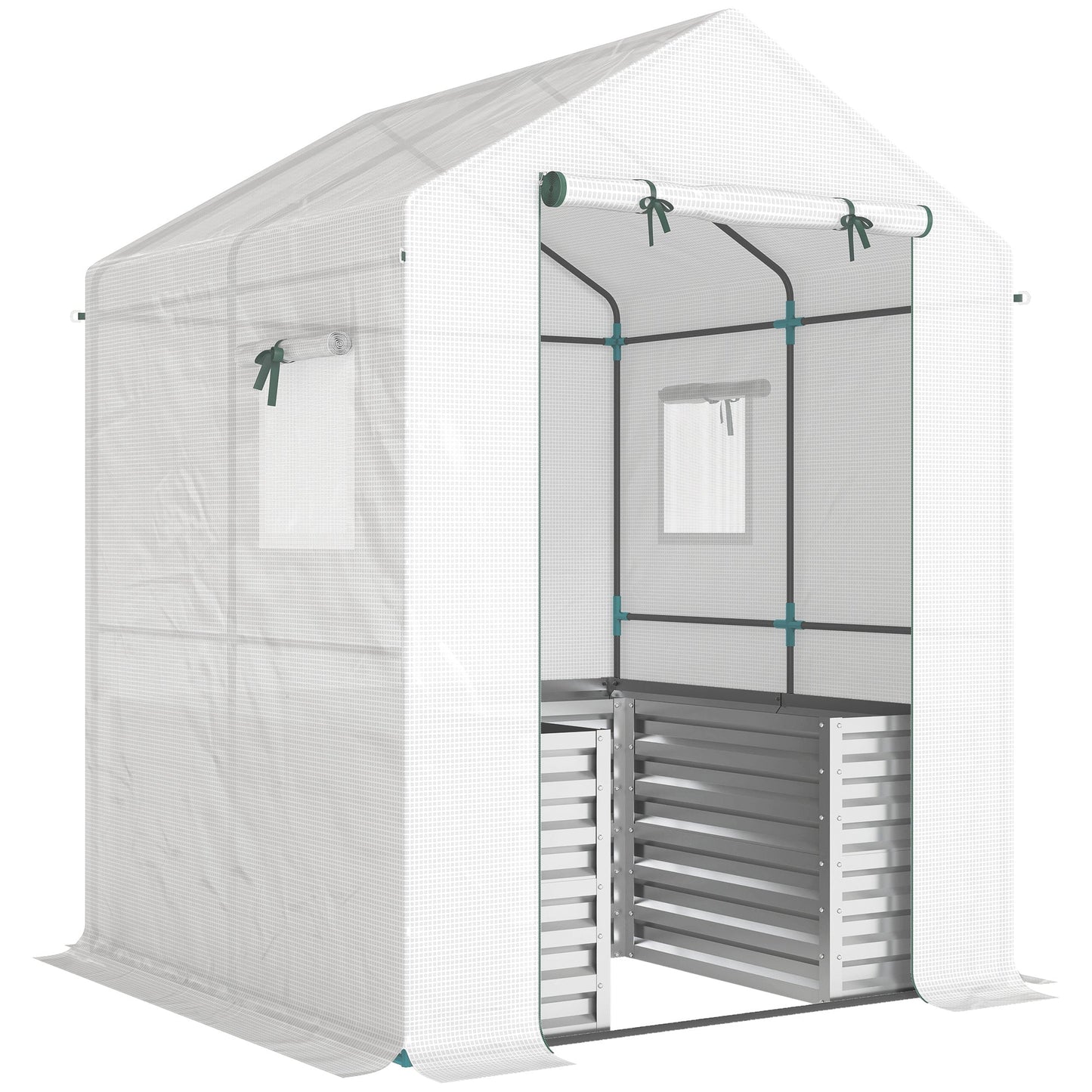 Greenhouse with Raised Garden Bed, 56" x 56" x 75" Galvanized Metal Planter Box with PE Cover, Roll Up Door and Windows, Outdoor Greenhouse for Flowers Vegetables, White