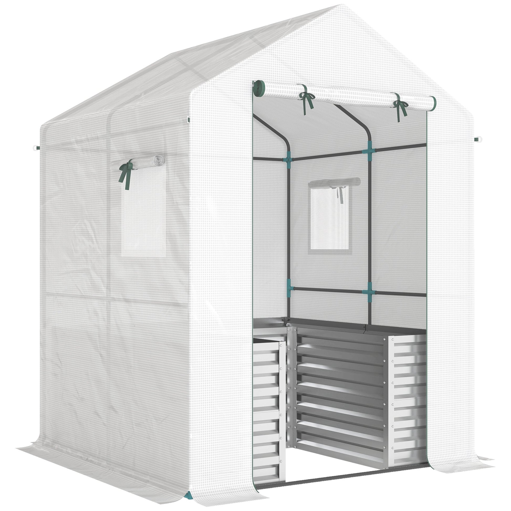 Greenhouse with Raised Garden Bed, 56" x 56" x 75" Galvanized Metal Planter Box with PE Cover, Roll Up Door and Windows, Outdoor Greenhouse for Flowers Vegetables, White
