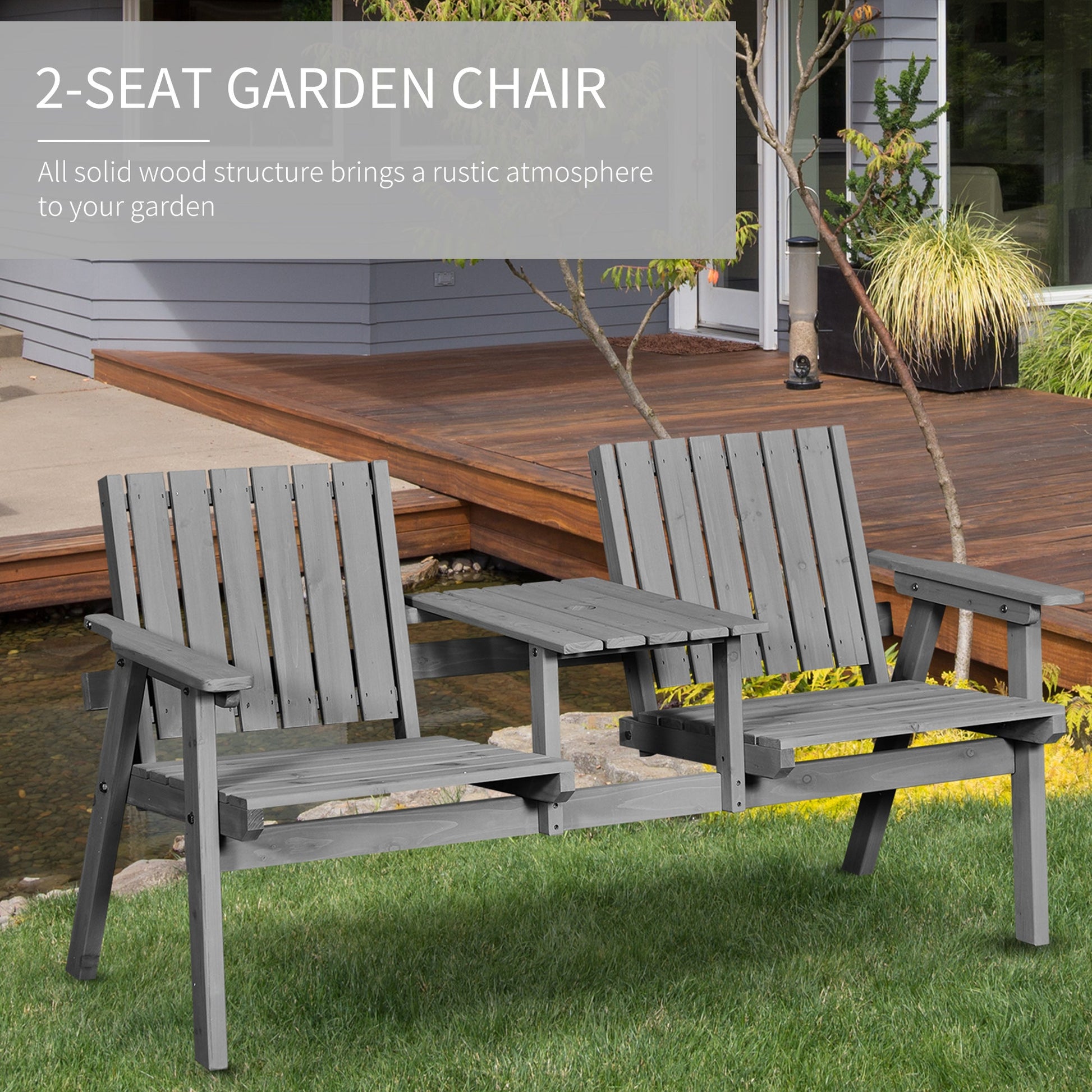 2-Seater Outdoor Wooden Bench with Middle Table and Umbrella Hole, Garden Bench for 2 Persons, Patio Loveseat with Slatted Seat and Back, Light Grey
