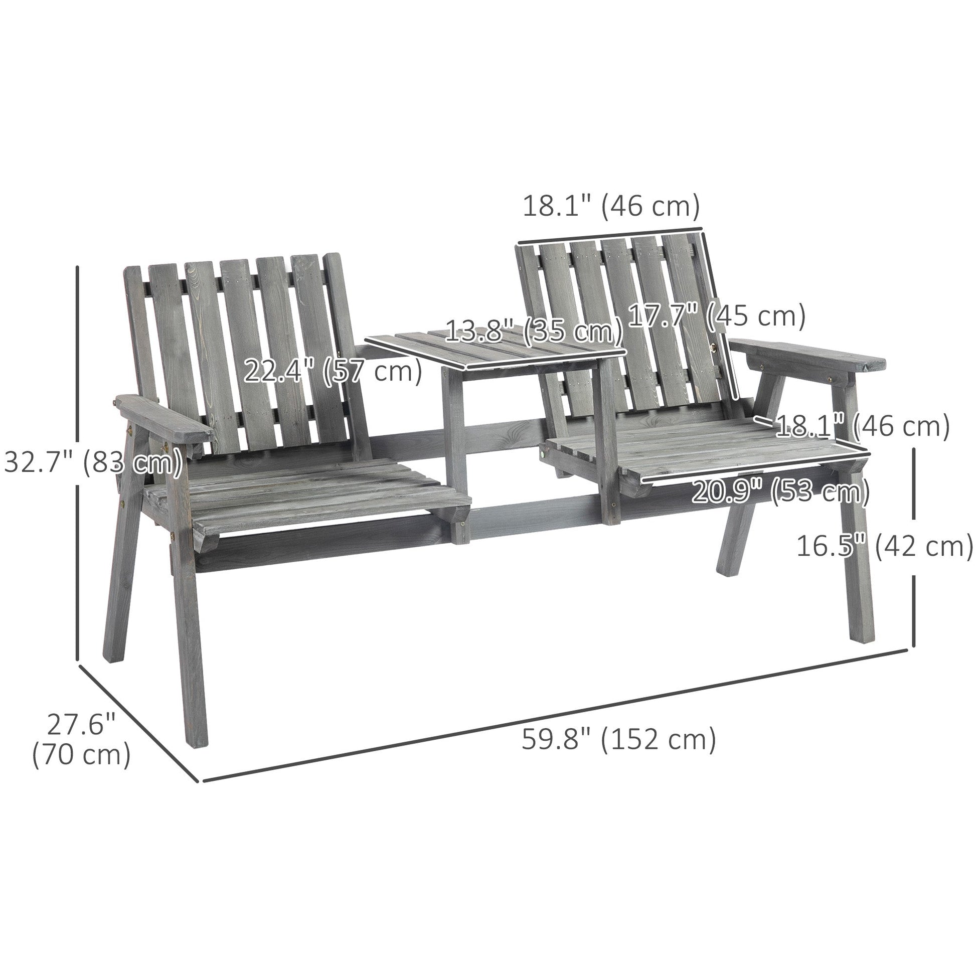 2-Seater Outdoor Wooden Bench with Middle Table and Umbrella Hole, Garden Bench for 2 Persons, Patio Loveseat with Slatted Seat and Back, Light Grey