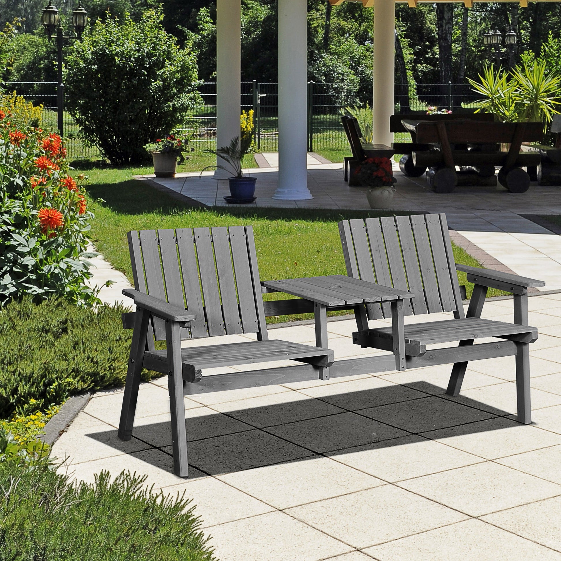 2-Seater Outdoor Wooden Bench with Middle Table and Umbrella Hole, Garden Bench for 2 Persons, Patio Loveseat with Slatted Seat and Back, Light Grey