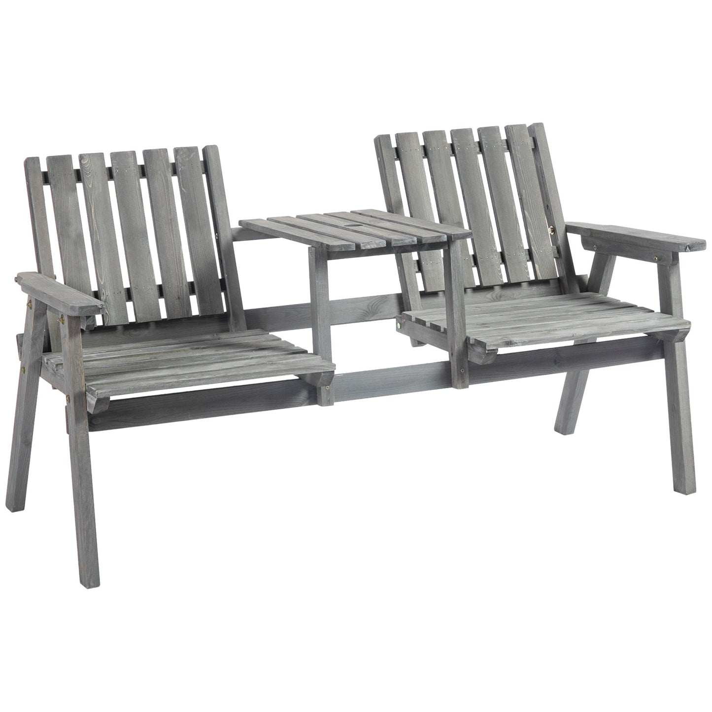 2-Seater Outdoor Wooden Bench with Middle Table and Umbrella Hole, Garden Bench for 2 Persons, Patio Loveseat with Slatted Seat and Back, Light Grey