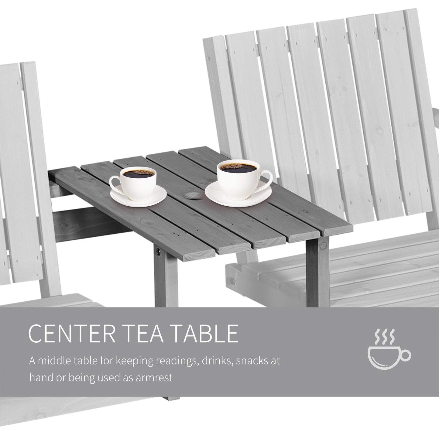 2-Seater Outdoor Wooden Bench with Middle Table and Umbrella Hole, Garden Bench for 2 Persons, Patio Loveseat with Slatted Seat and Back, Light Grey