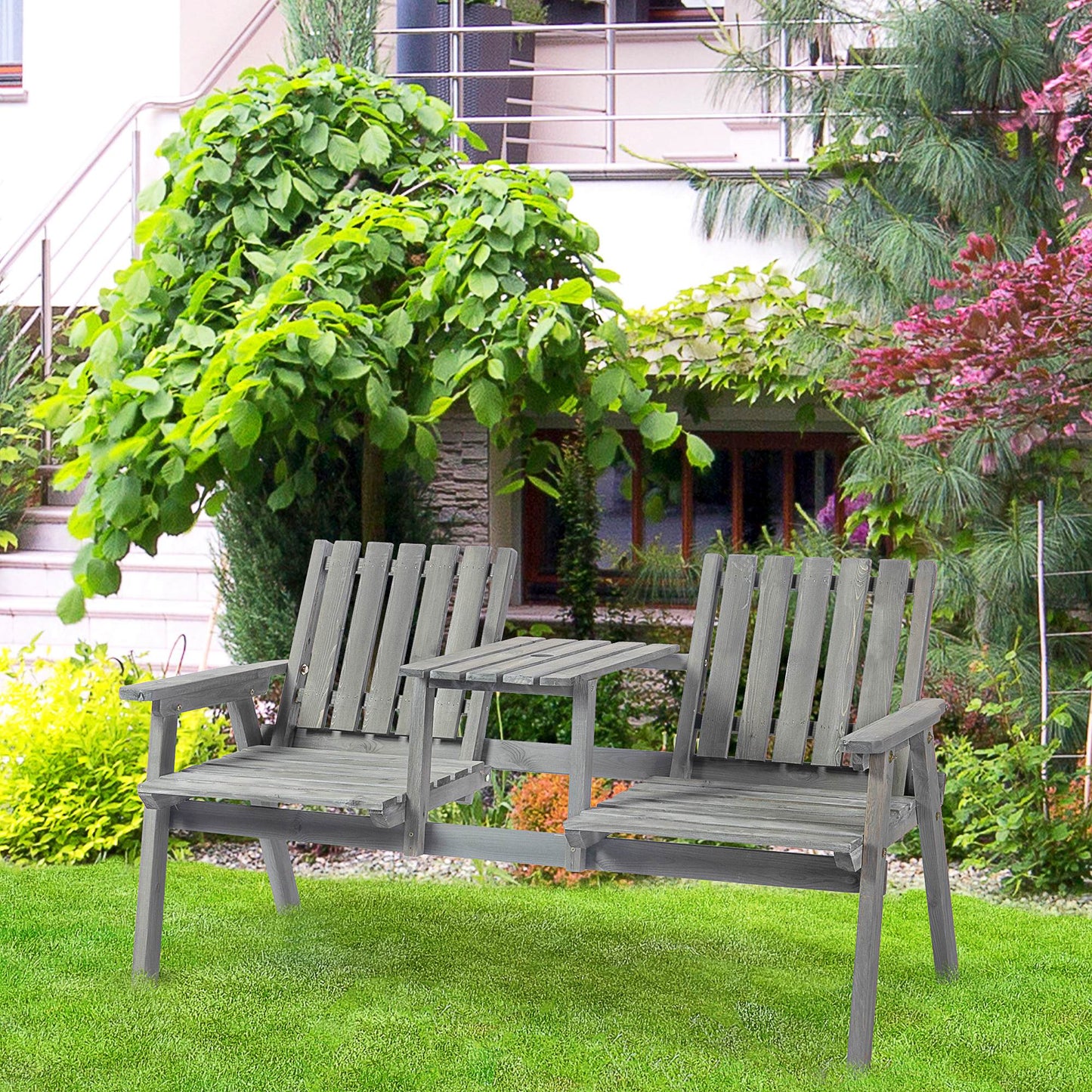 2-Seater Outdoor Wooden Bench with Middle Table and Umbrella Hole, Garden Bench for 2 Persons, Patio Loveseat with Slatted Seat and Back, Light Grey