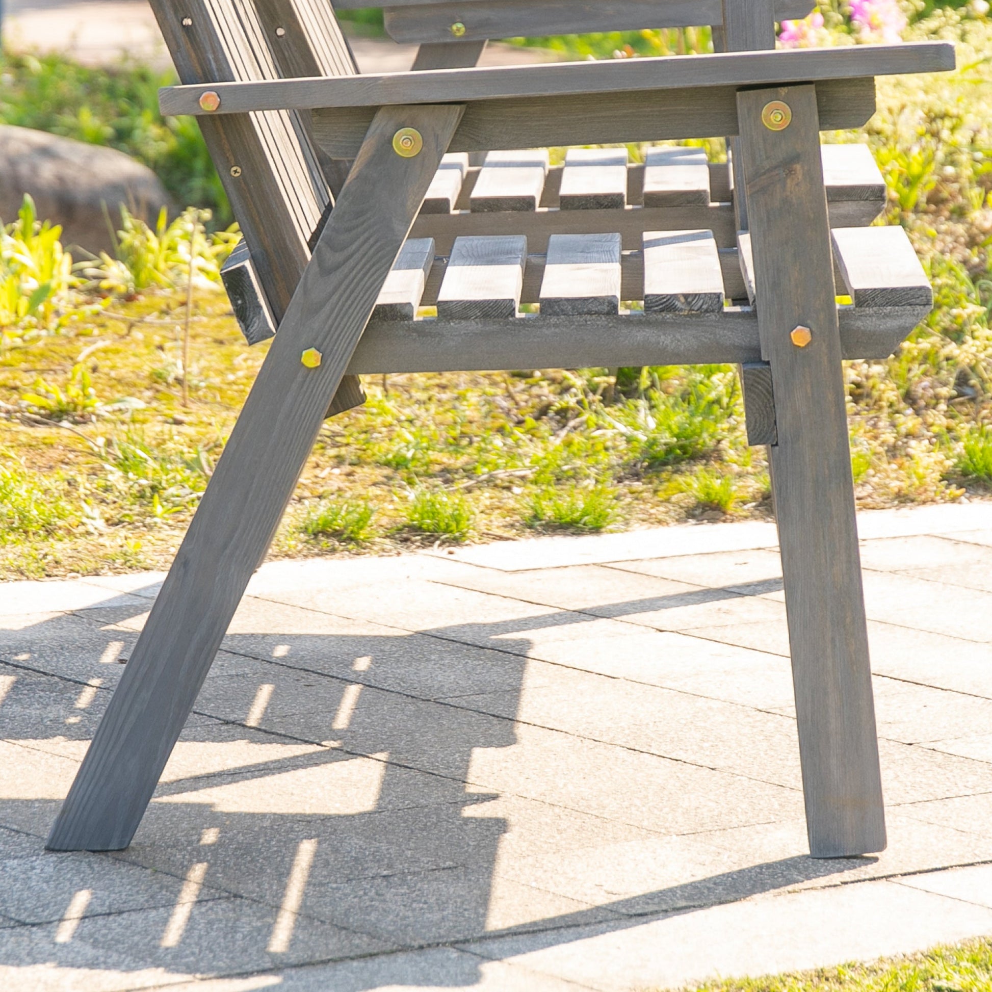 2-Seater Outdoor Wooden Bench with Middle Table and Umbrella Hole, Garden Bench for 2 Persons, Patio Loveseat with Slatted Seat and Back, Light Grey