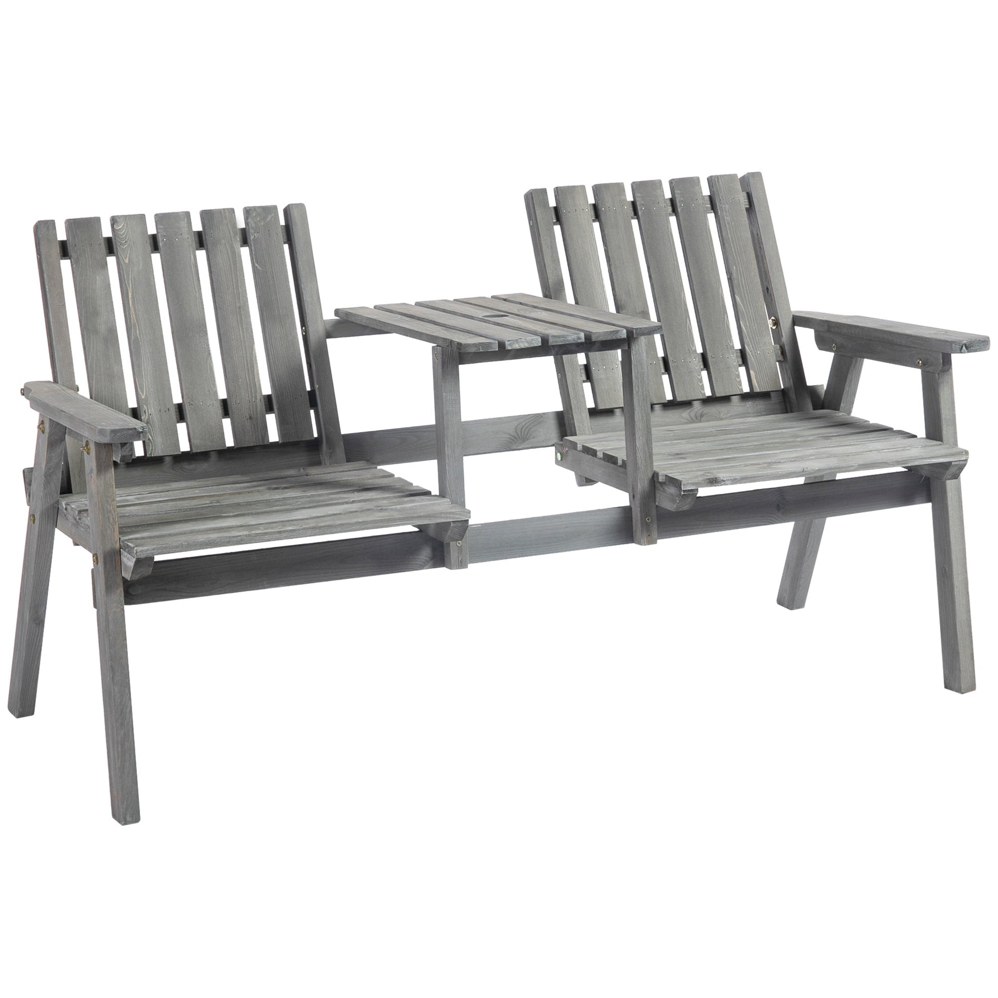 2-Seater Outdoor Wooden Bench with Middle Table and Umbrella Hole, Garden Bench for 2 Persons, Patio Loveseat with Slatted Seat and Back, Light Grey