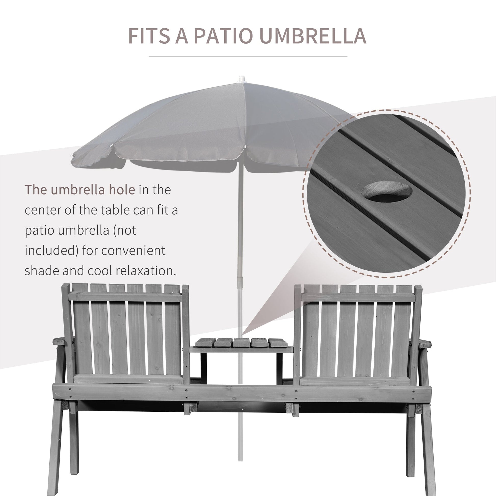 2-Seater Outdoor Wooden Bench with Middle Table and Umbrella Hole, Garden Bench for 2 Persons, Patio Loveseat with Slatted Seat and Back, Light Grey