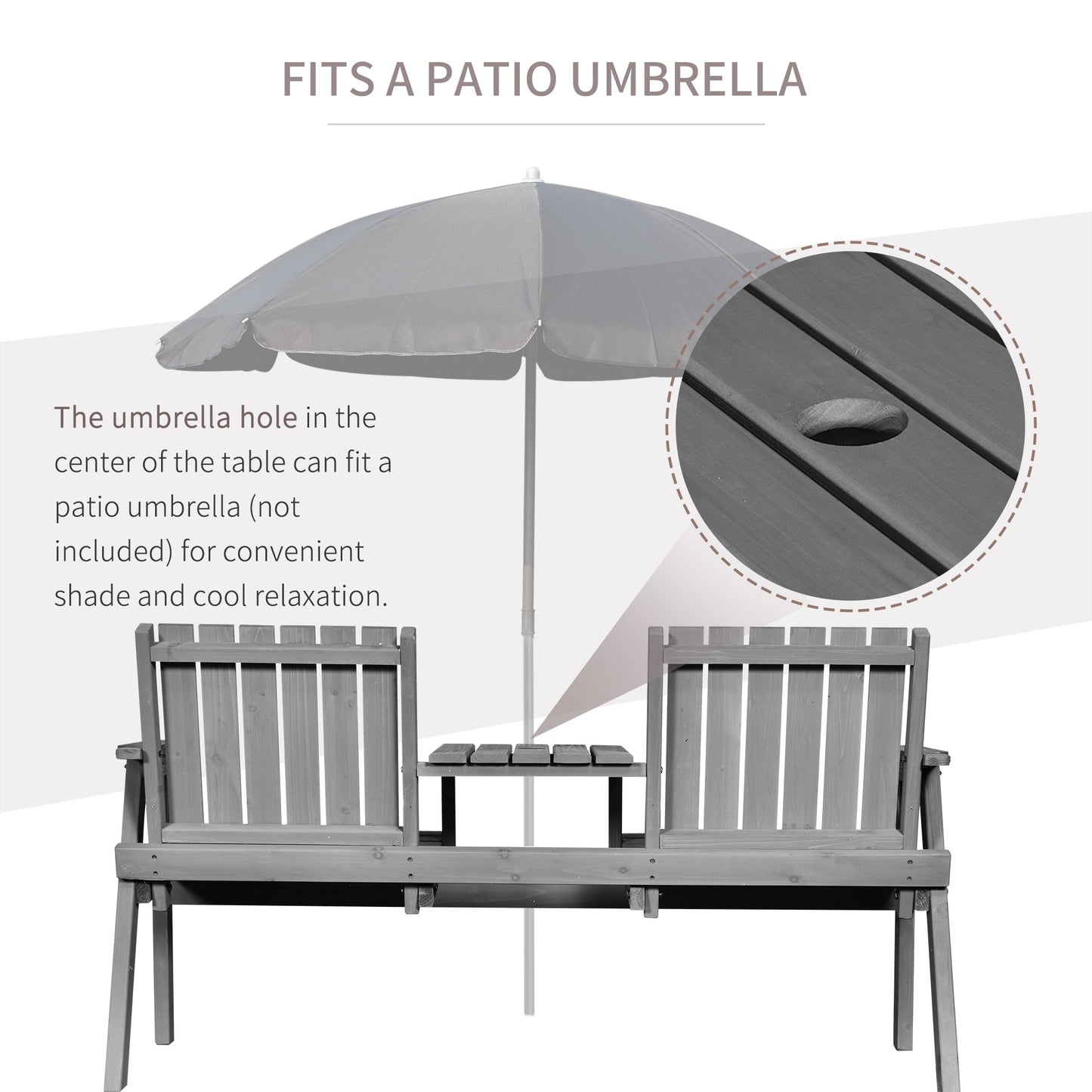 2-Seater Outdoor Wooden Bench with Middle Table and Umbrella Hole, Garden Bench for 2 Persons, Patio Loveseat with Slatted Seat and Back, Light Grey