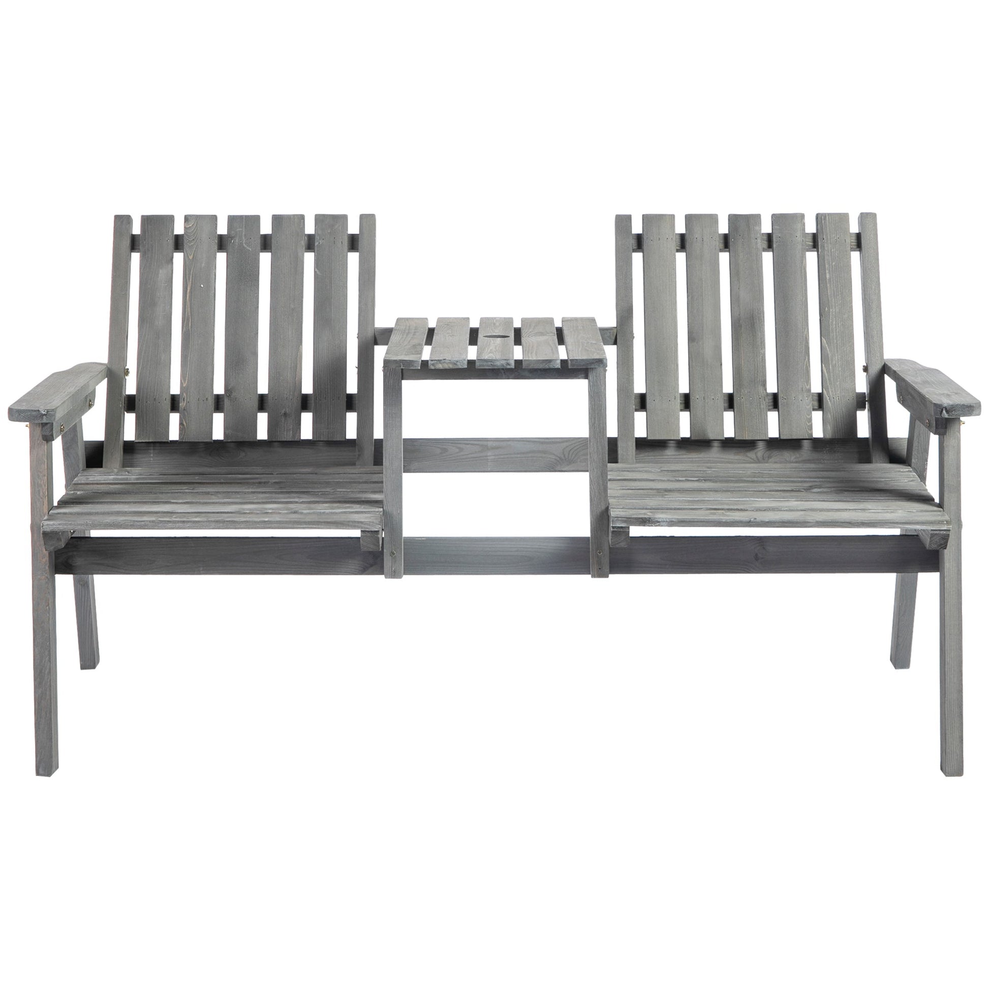 2-Seater Outdoor Wooden Bench with Middle Table and Umbrella Hole, Garden Bench for 2 Persons, Patio Loveseat with Slatted Seat and Back, Light Grey
