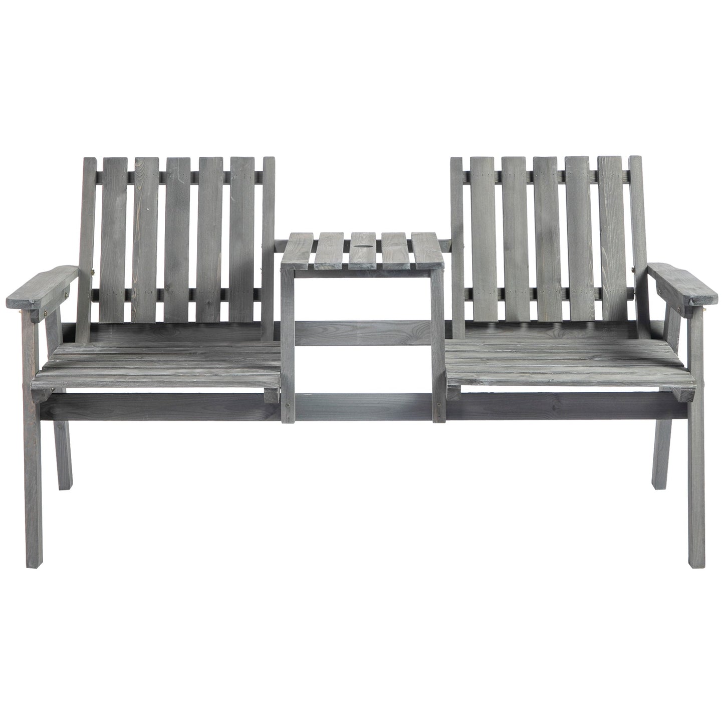 2-Seater Outdoor Wooden Bench with Middle Table and Umbrella Hole, Garden Bench for 2 Persons, Patio Loveseat with Slatted Seat and Back, Light Grey