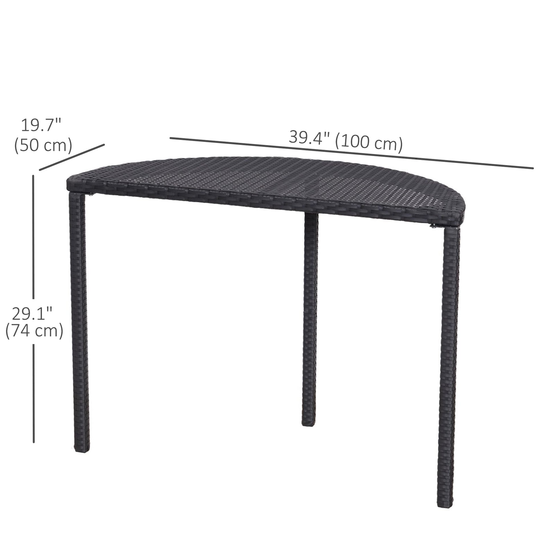Half Round Side Table, PE Rattan Narrow Coffee Table with Metal Frame for Patio, Garden, Balcony, 39.4" x 19.7" x 29.1", Black