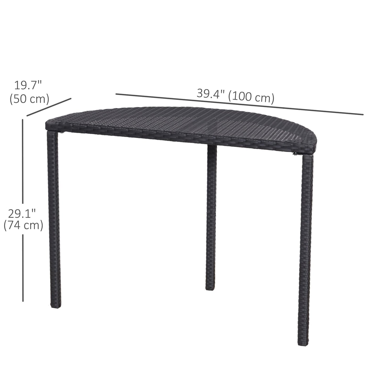 Half Round Side Table, PE Rattan Narrow Coffee Table with Metal Frame for Patio, Garden, Balcony, 39.4" x 19.7" x 29.1", Black