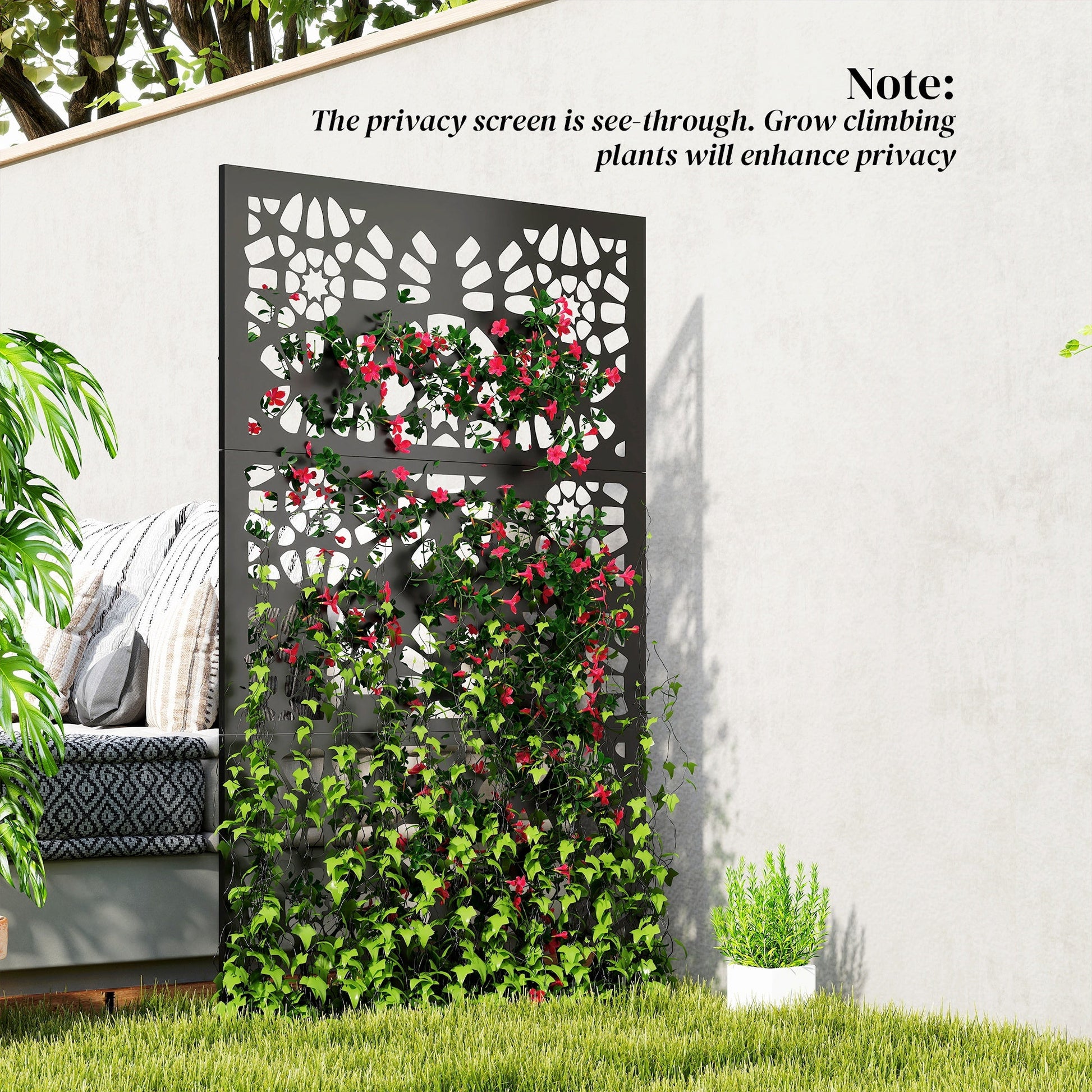 Metal Outdoor Privacy Screen, 72" x 38" Freestanding Outdoor Divider, Wall-Mounted Decorative Panel with Symmetrical Pattern Cut-out Design for Garden Patio, Black
