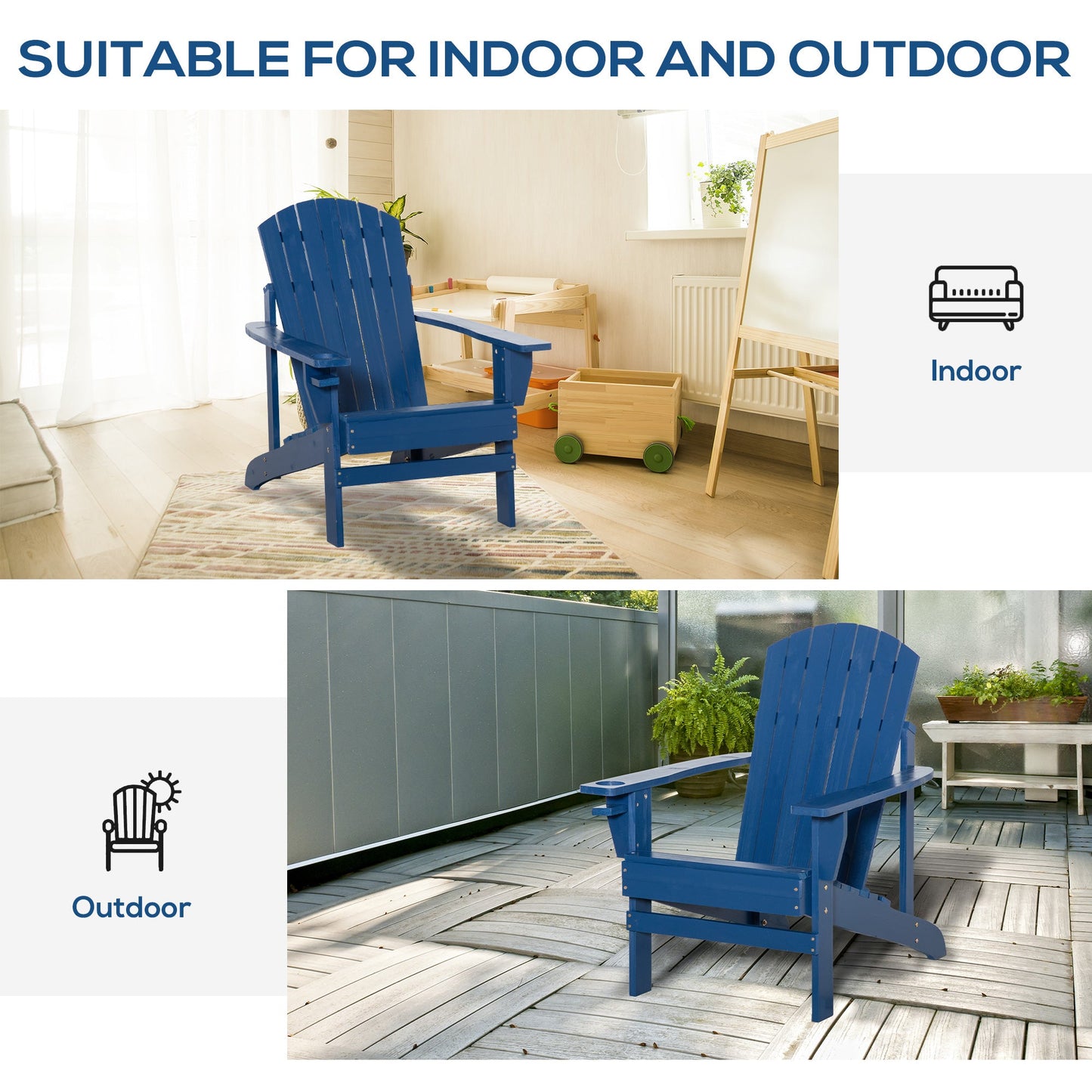 Classic Adirondack Chair Muskoka Chair, Garden Deck Chair with Cup Holder for Patio, Indoor, Backyard, Navy Blue