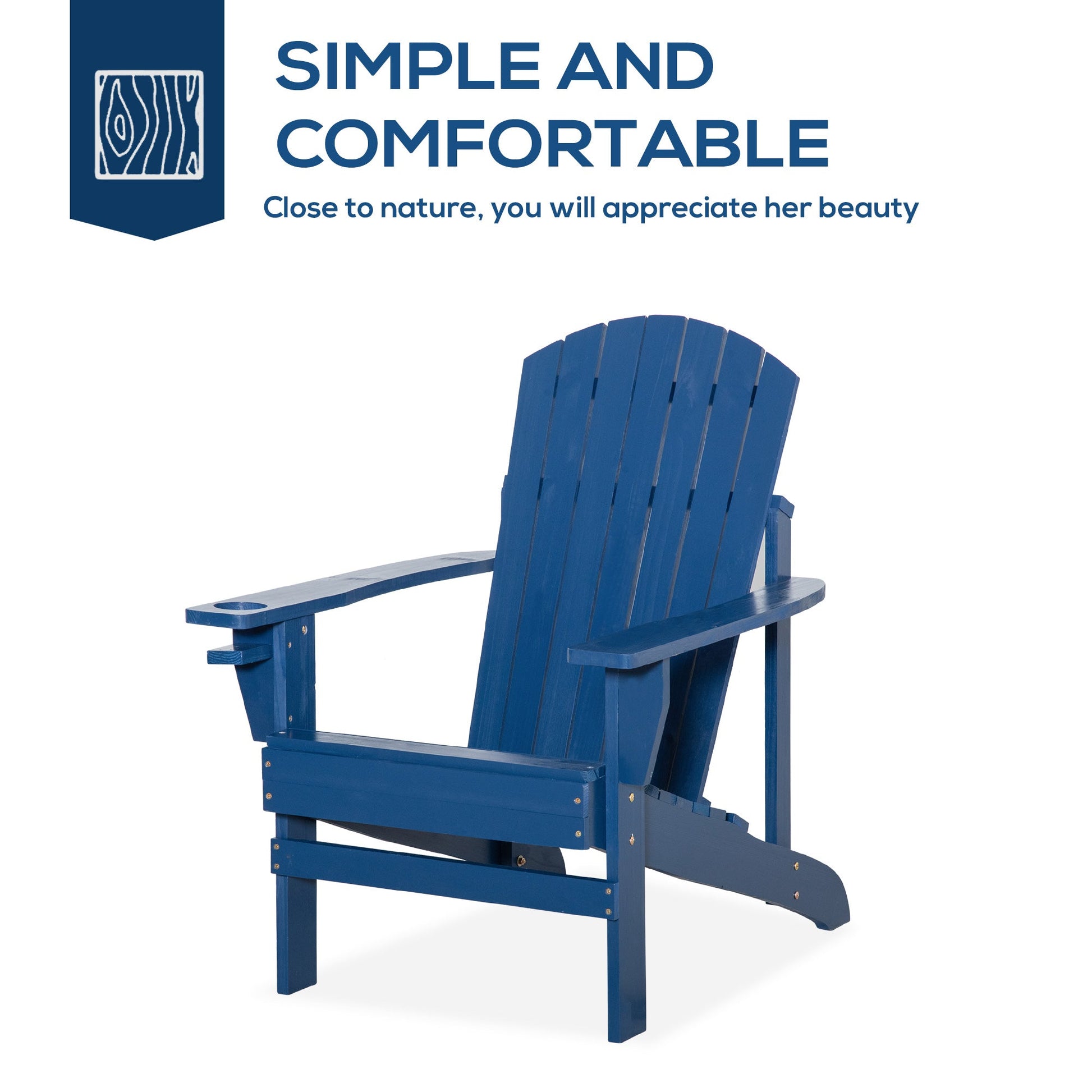 Classic Adirondack Chair Muskoka Chair, Garden Deck Chair with Cup Holder for Patio, Indoor, Backyard, Navy Blue