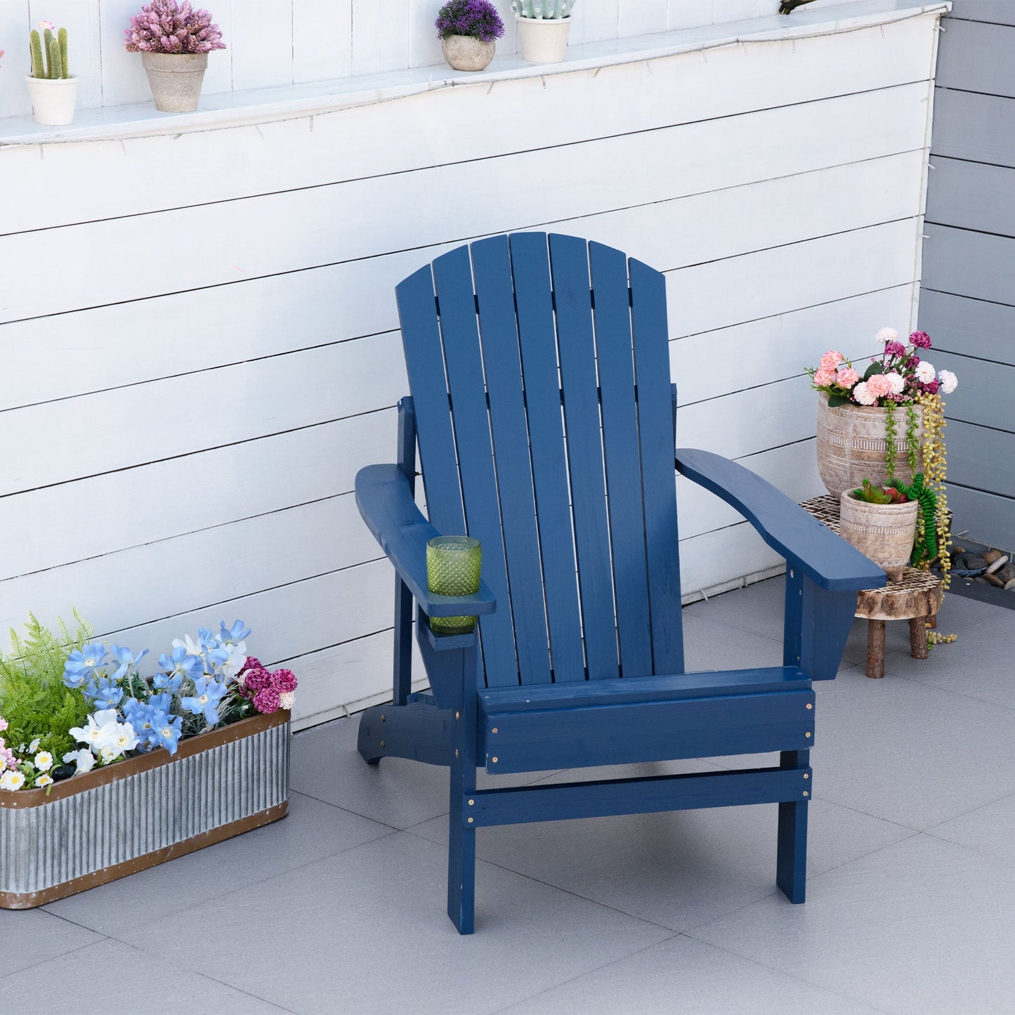 Classic Adirondack Chair Muskoka Chair, Garden Deck Chair with Cup Holder for Patio, Indoor, Backyard, Navy Blue