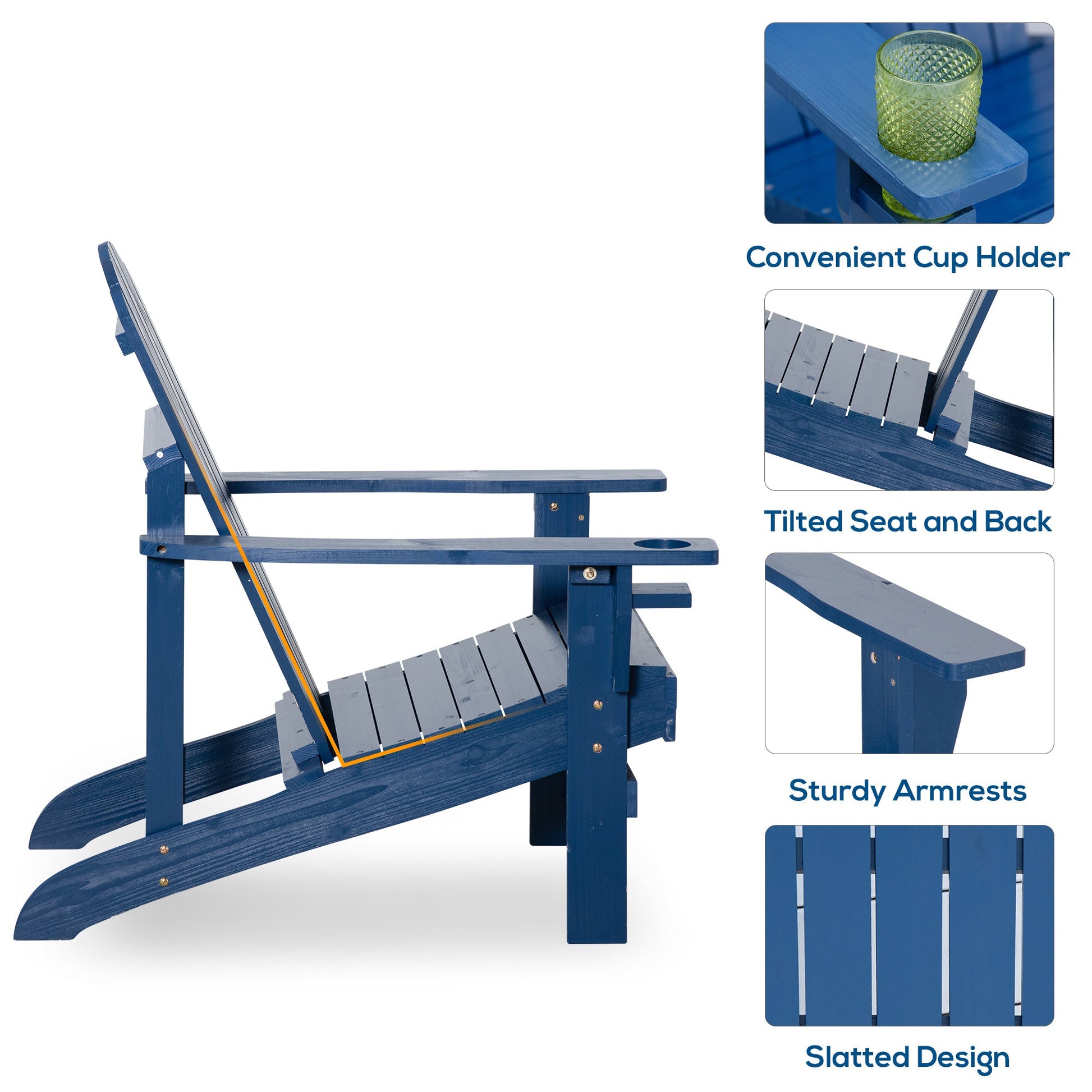 Classic Adirondack Chair Muskoka Chair, Garden Deck Chair with Cup Holder for Patio, Indoor, Backyard, Navy Blue