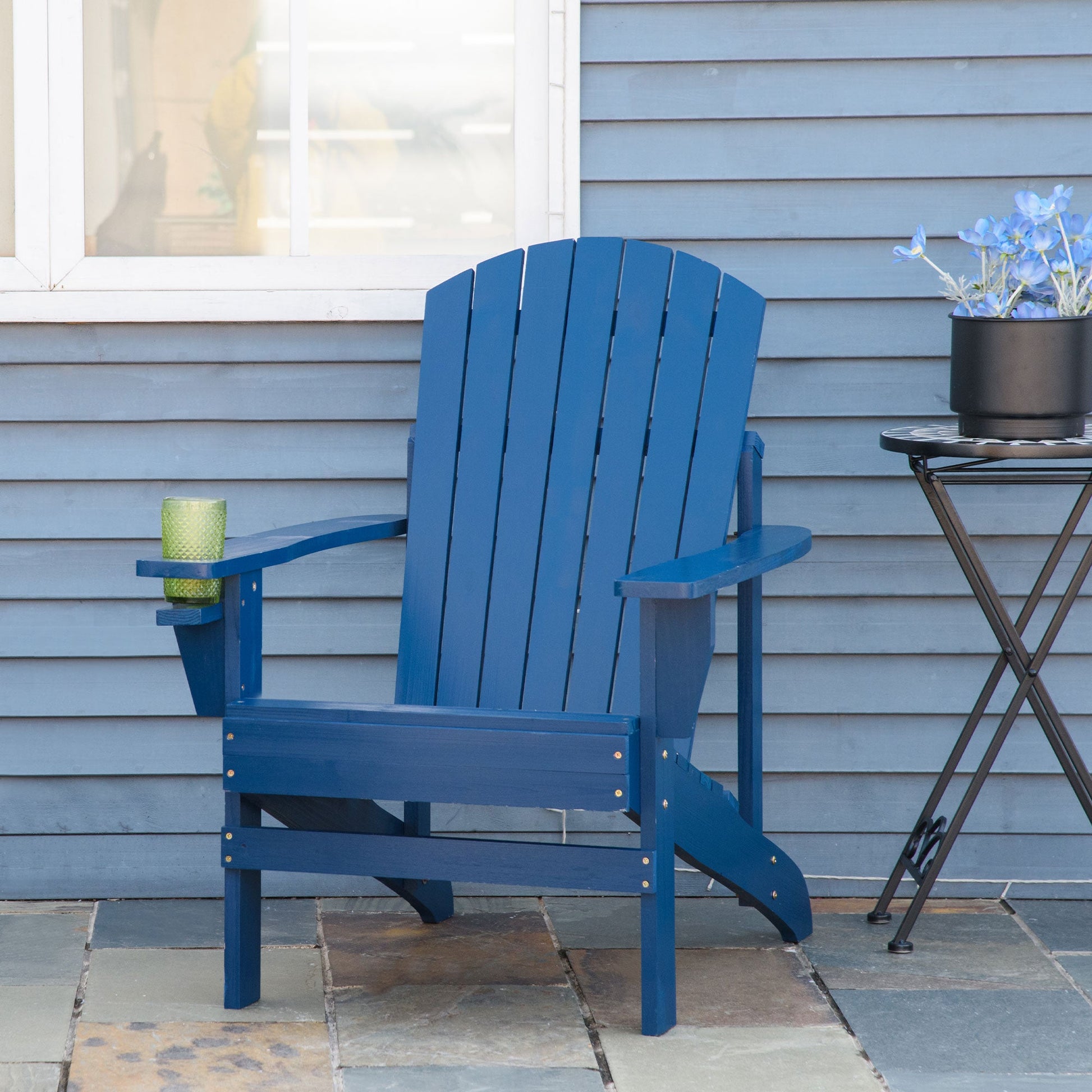 Classic Adirondack Chair Muskoka Chair, Garden Deck Chair with Cup Holder for Patio, Indoor, Backyard, Navy Blue