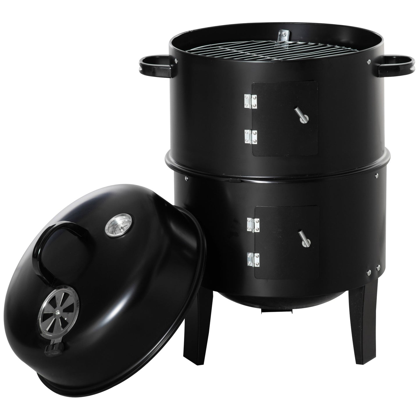 Vertical Charcoal BBQ Smoker, 3-in-1 16" Round Barbecue Grill with 2 Cooking Area and Thermometer for Outdoor Camping Picnic Cooking, Black
