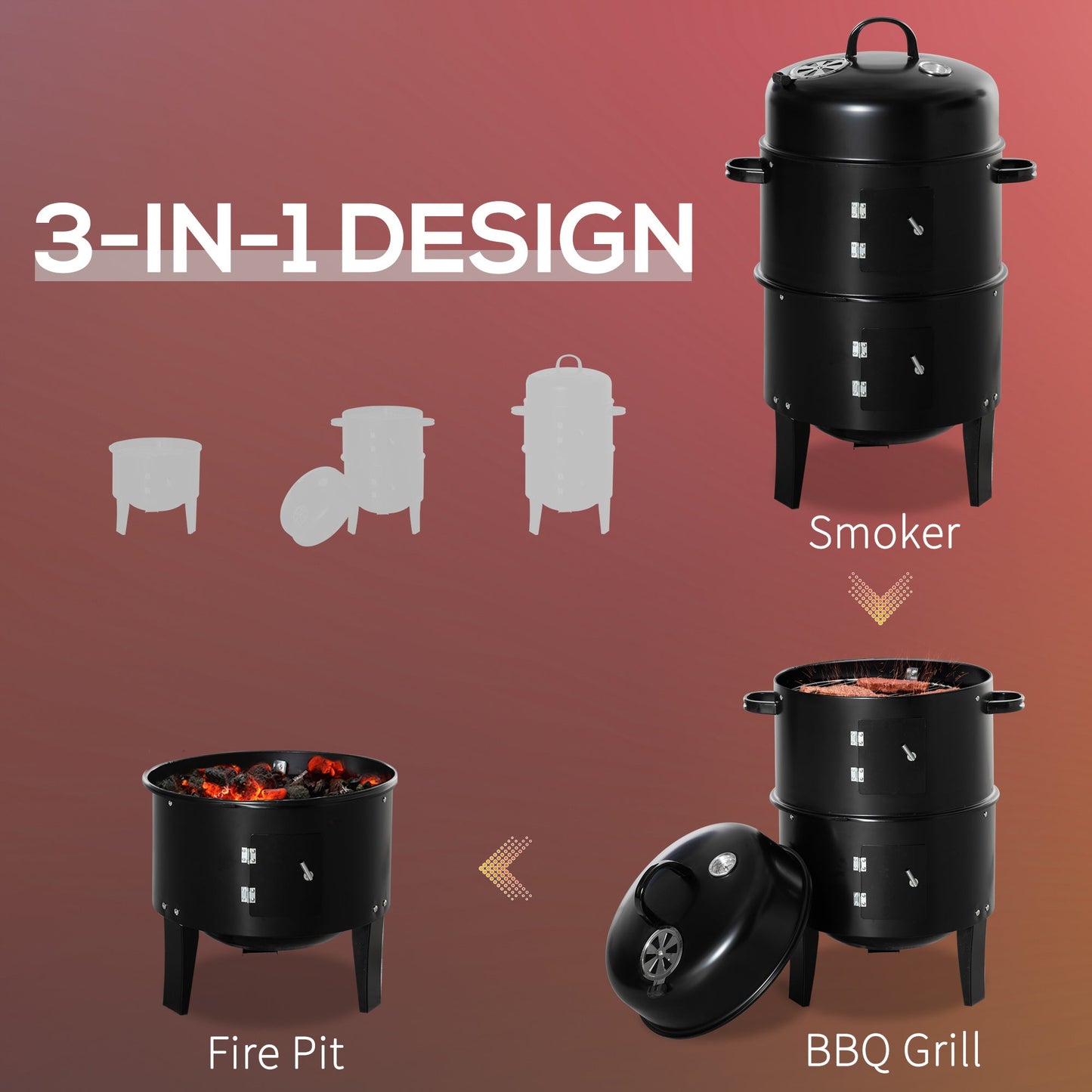 Vertical Charcoal BBQ Smoker, 3-in-1 16" Round Barbecue Grill with 2 Cooking Area and Thermometer for Outdoor Camping Picnic Cooking, Black