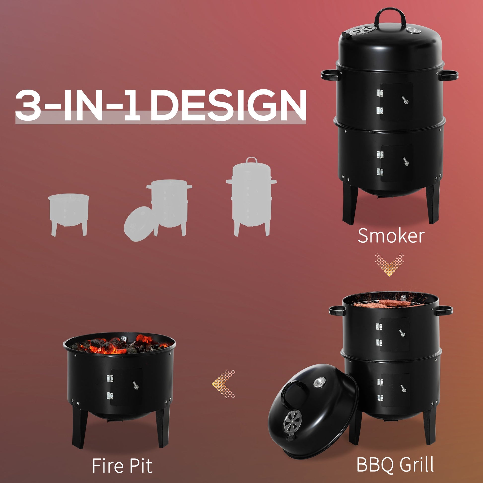 Vertical Charcoal BBQ Smoker, 3-in-1 16" Round Barbecue Grill with 2 Cooking Area and Thermometer for Outdoor Camping Picnic Cooking, Black