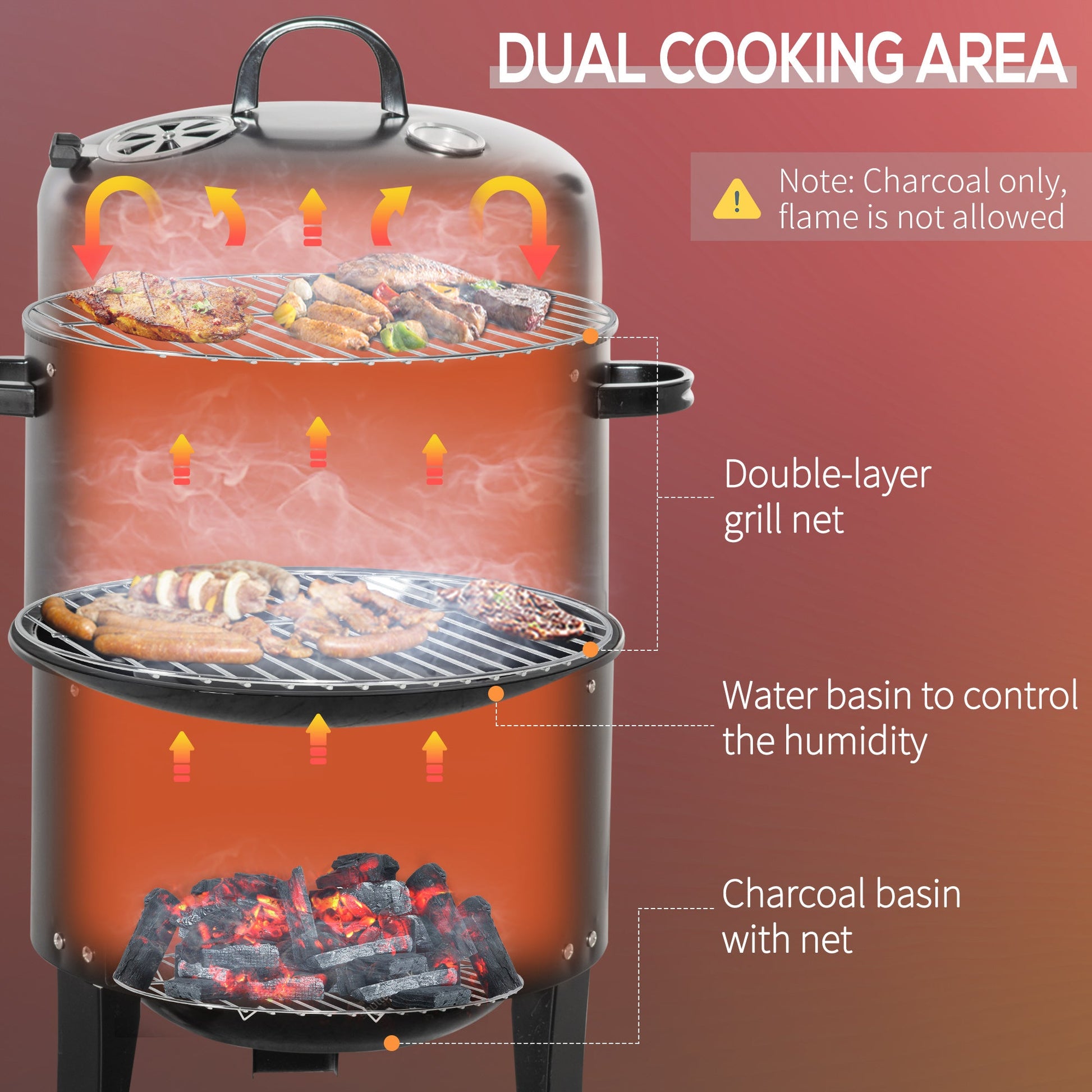 Vertical Charcoal BBQ Smoker, 3-in-1 16" Round Barbecue Grill with 2 Cooking Area and Thermometer for Outdoor Camping Picnic Cooking, Black