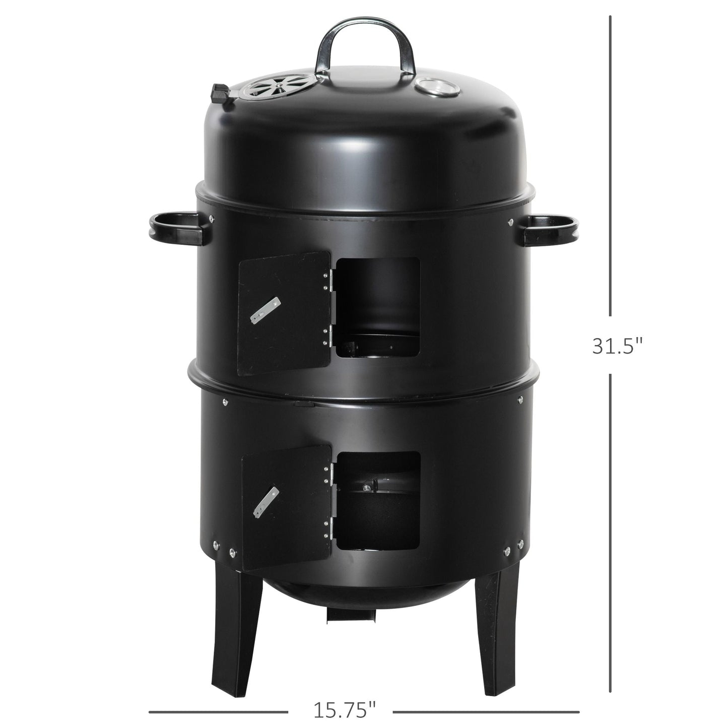 Vertical Charcoal BBQ Smoker, 3-in-1 16" Round Barbecue Grill with 2 Cooking Area and Thermometer for Outdoor Camping Picnic Cooking, Black