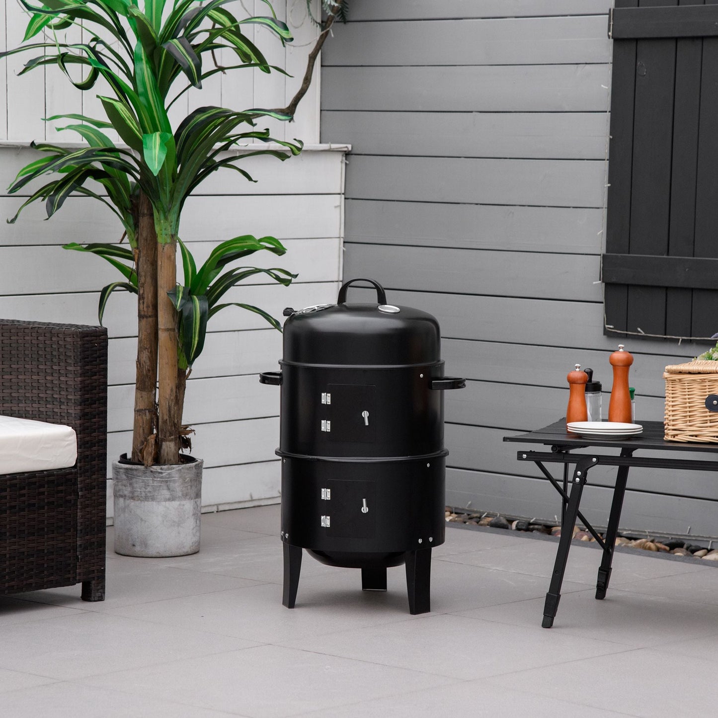 Vertical Charcoal BBQ Smoker, 3-in-1 16" Round Barbecue Grill with 2 Cooking Area and Thermometer for Outdoor Camping Picnic Cooking, Black