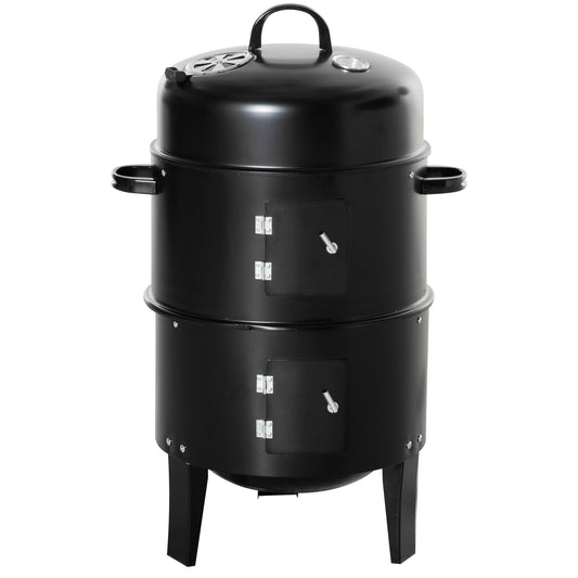 Vertical Charcoal BBQ Smoker, 3-in-1 16" Round Barbecue Grill with 2 Cooking Area and Thermometer for Outdoor Camping Picnic Cooking, Black