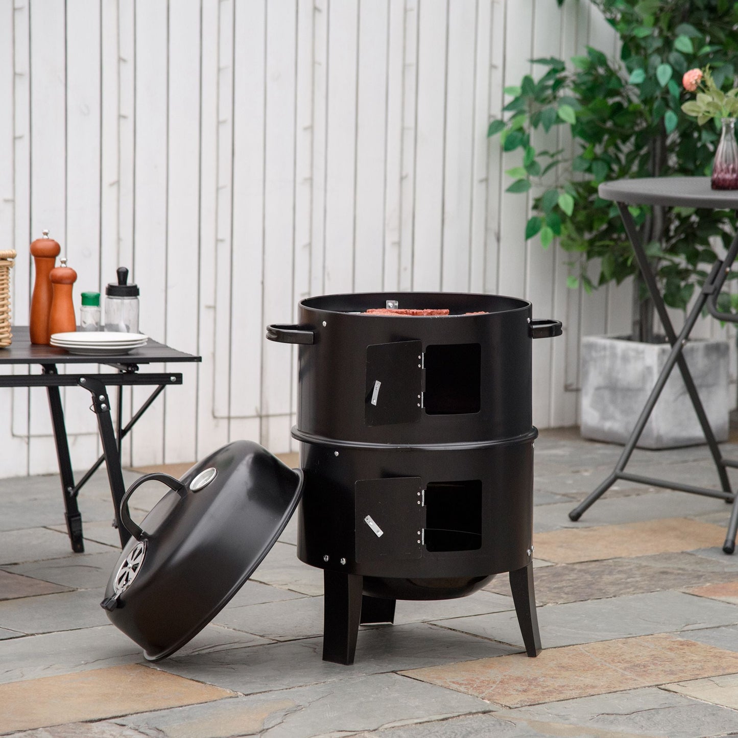 Vertical Charcoal BBQ Smoker, 3-in-1 16" Round Barbecue Grill with 2 Cooking Area and Thermometer for Outdoor Camping Picnic Cooking, Black