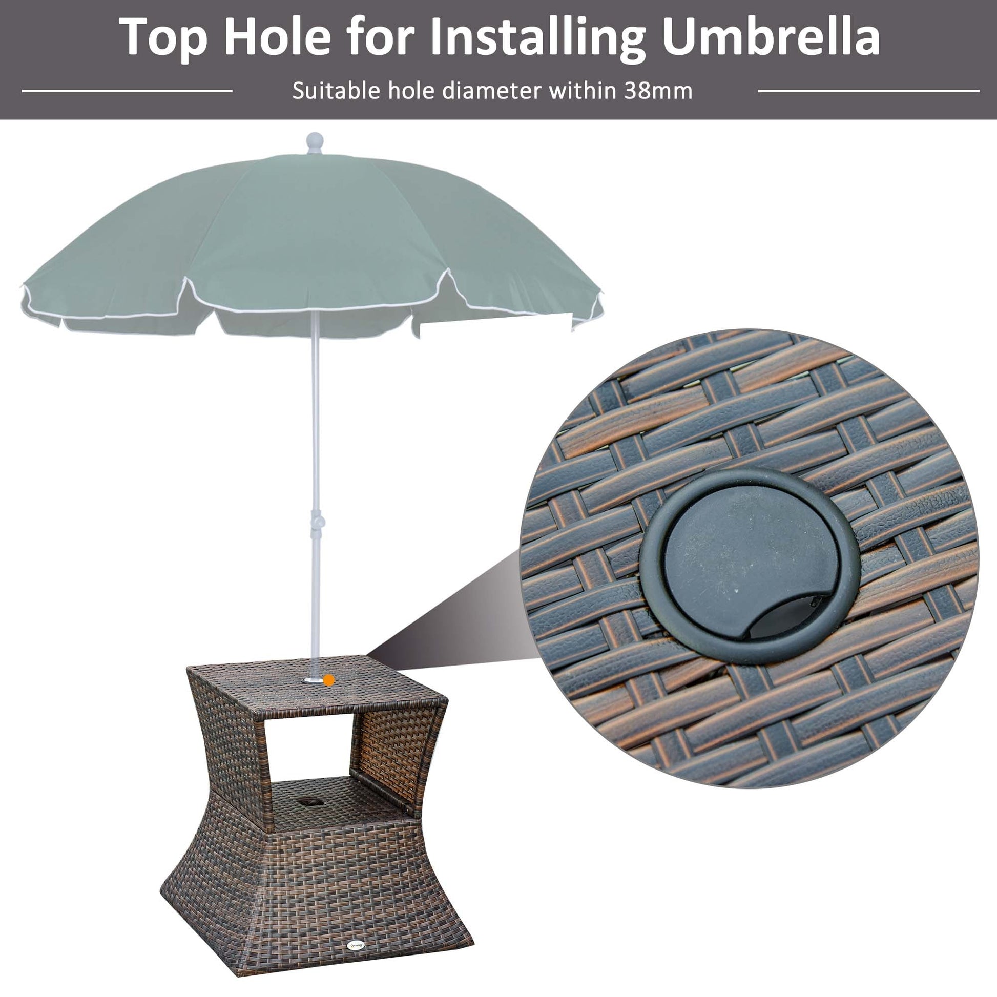 Rattan Wicker Outdoor Coffee Table, All Weather Side Table with Umbrella Hole, 2 Tier Storage Shelf, 21.3" Square End Table for Patio, Garden, Backyard, Mixed Brown