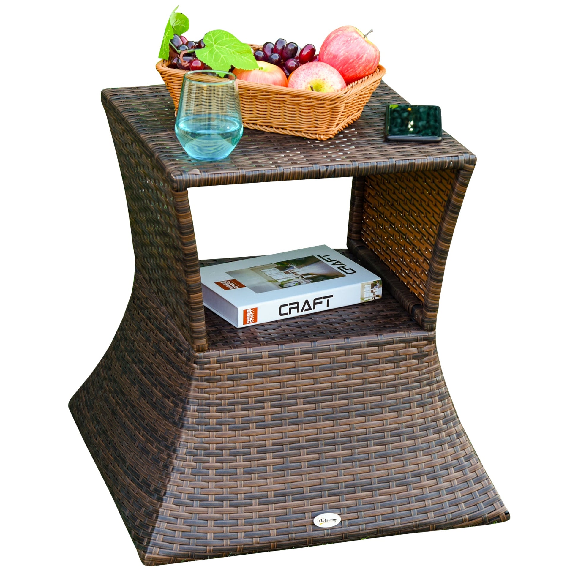 Rattan Wicker Outdoor Coffee Table, All Weather Side Table with Umbrella Hole, 2 Tier Storage Shelf, 21.3" Square End Table for Patio, Garden, Backyard, Mixed Brown