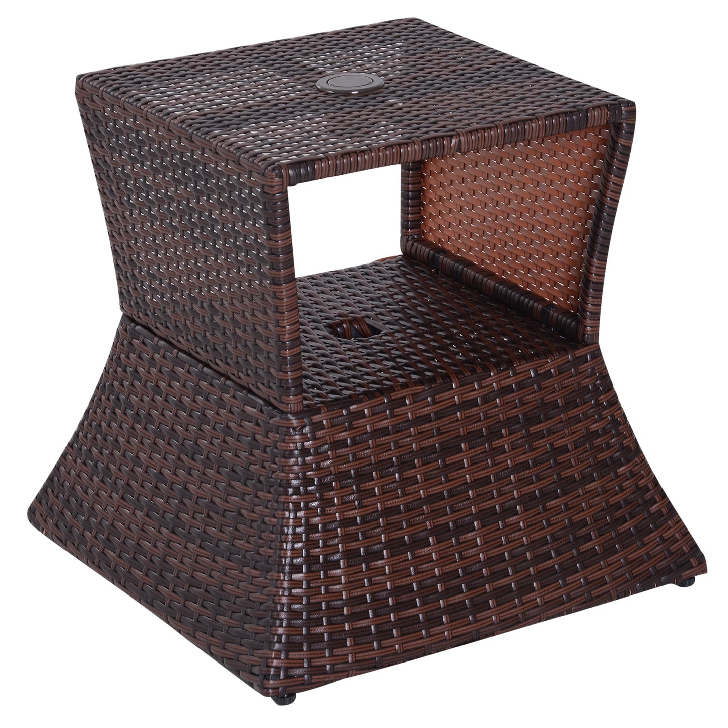 Rattan Wicker Outdoor Coffee Table, All Weather Side Table with Umbrella Hole, 2 Tier Storage Shelf, 21.3" Square End Table for Patio, Garden, Backyard, Mixed Brown