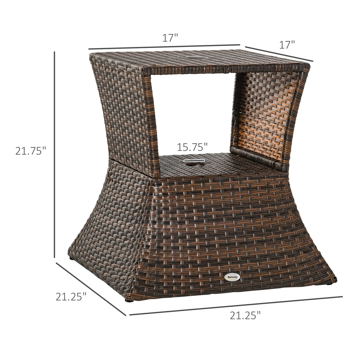 Rattan Wicker Outdoor Coffee Table, All Weather Side Table with Umbrella Hole, 2 Tier Storage Shelf, 21.3" Square End Table for Patio, Garden, Backyard, Mixed Brown