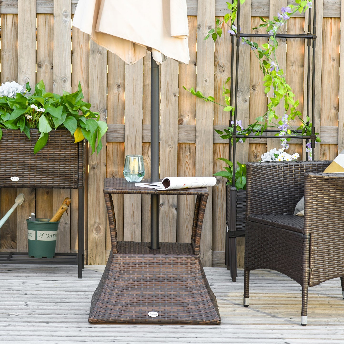 Rattan Wicker Outdoor Coffee Table, All Weather Side Table with Umbrella Hole, 2 Tier Storage Shelf, 21.3" Square End Table for Patio, Garden, Backyard, Mixed Brown