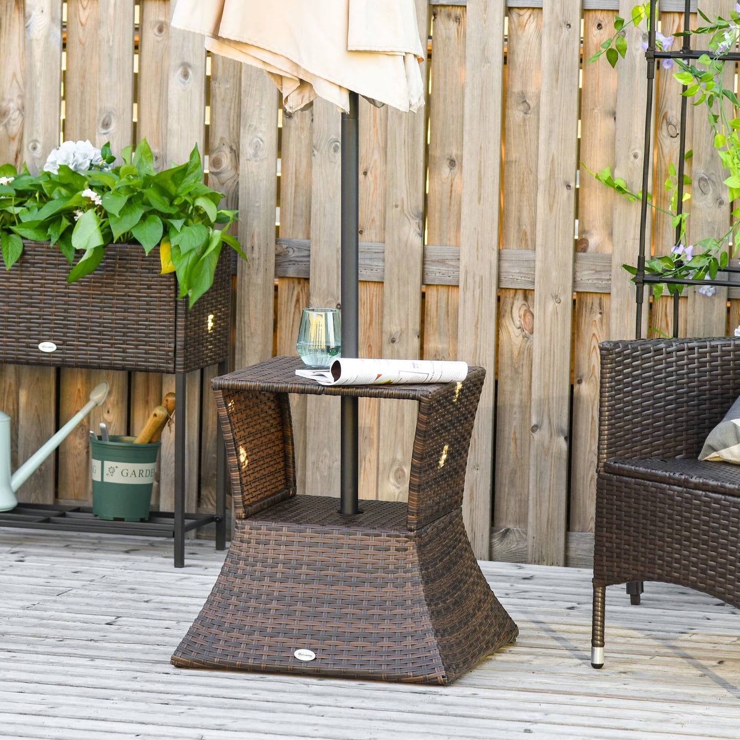 Rattan Wicker Outdoor Coffee Table, All Weather Side Table with Umbrella Hole, 2 Tier Storage Shelf, 21.3" Square End Table for Patio, Garden, Backyard, Mixed Brown