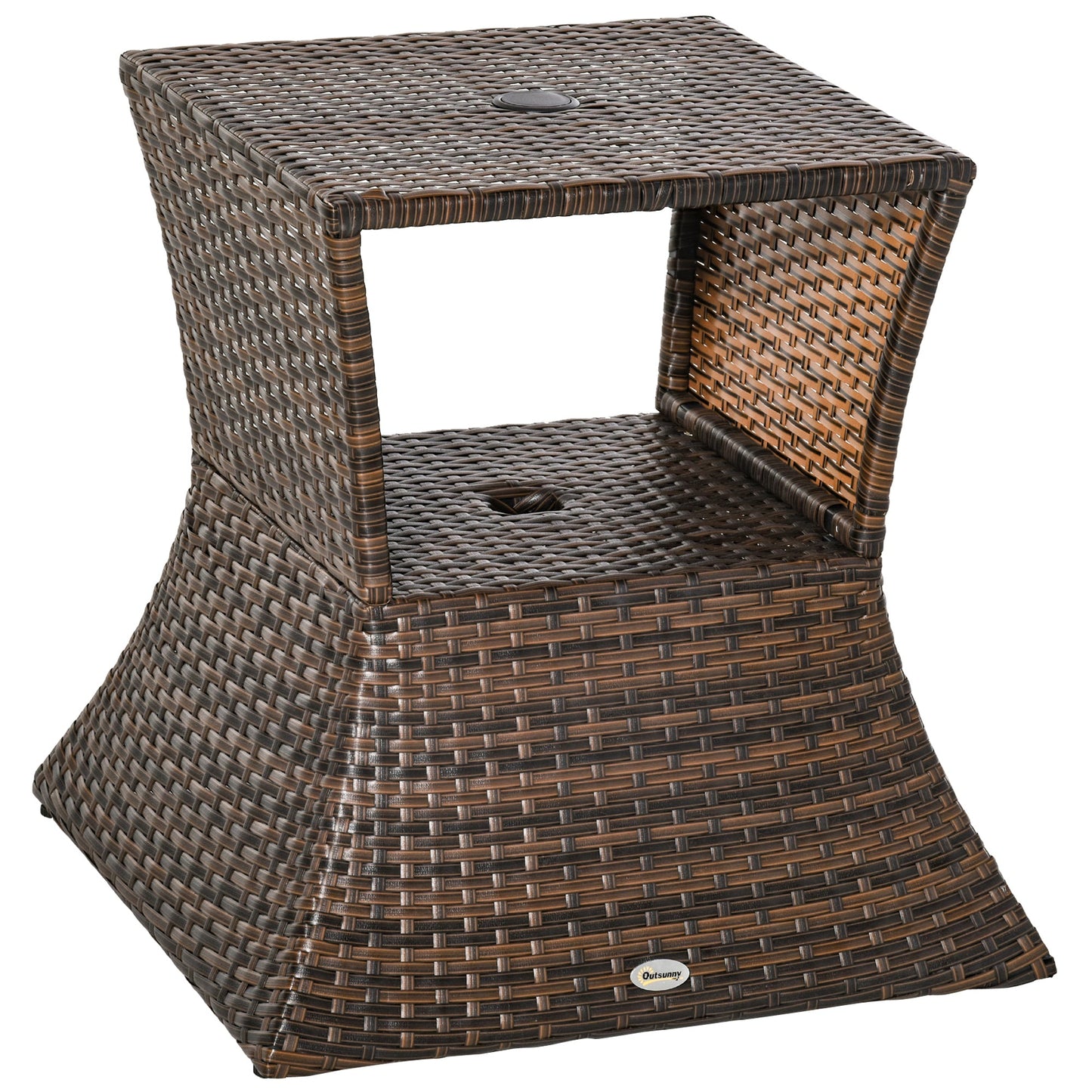 Rattan Wicker Outdoor Coffee Table, All Weather Side Table with Umbrella Hole, 2 Tier Storage Shelf, 21.3" Square End Table for Patio, Garden, Backyard, Mixed Brown