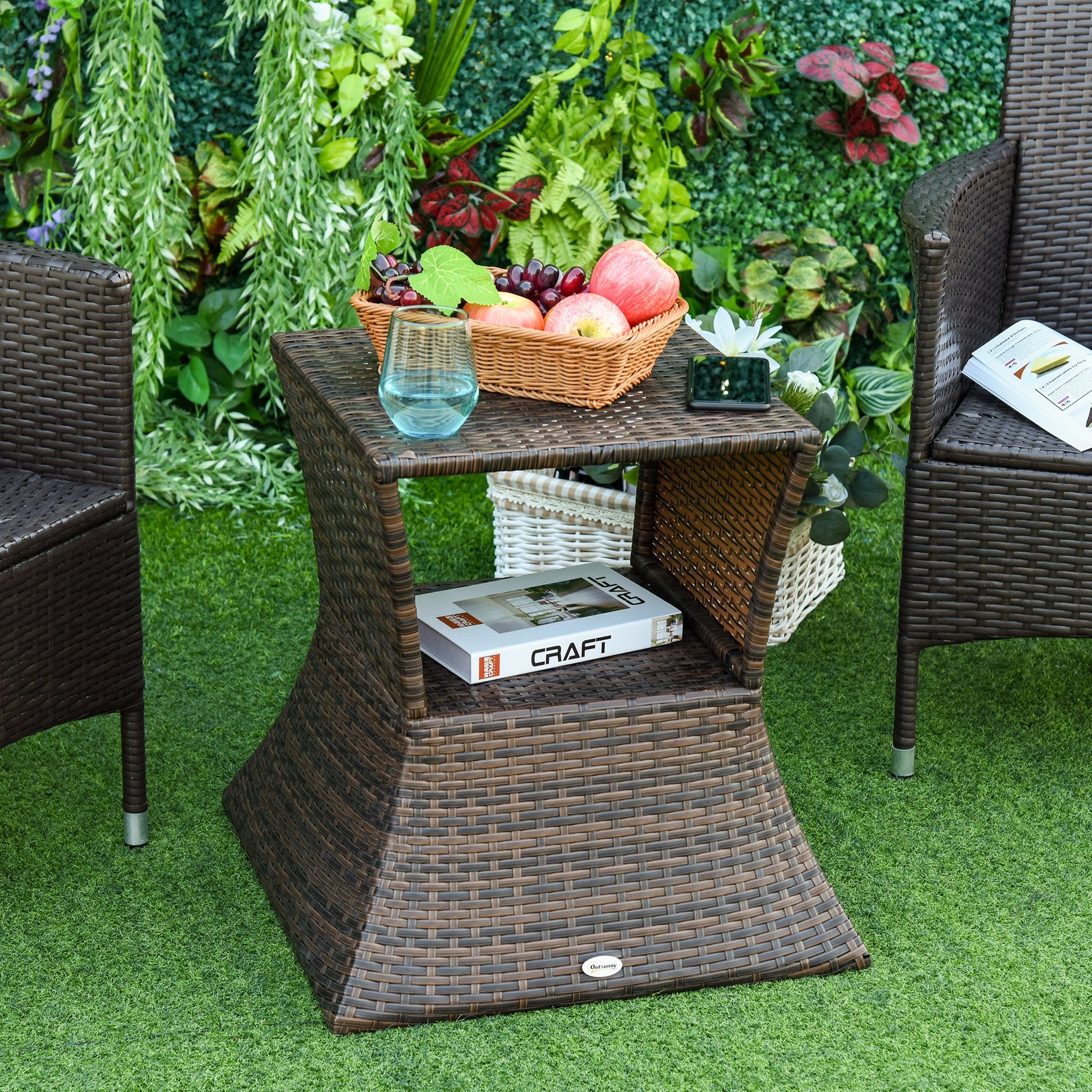 Rattan Wicker Outdoor Coffee Table, All Weather Side Table with Umbrella Hole, 2 Tier Storage Shelf, 21.3" Square End Table for Patio, Garden, Backyard, Mixed Brown